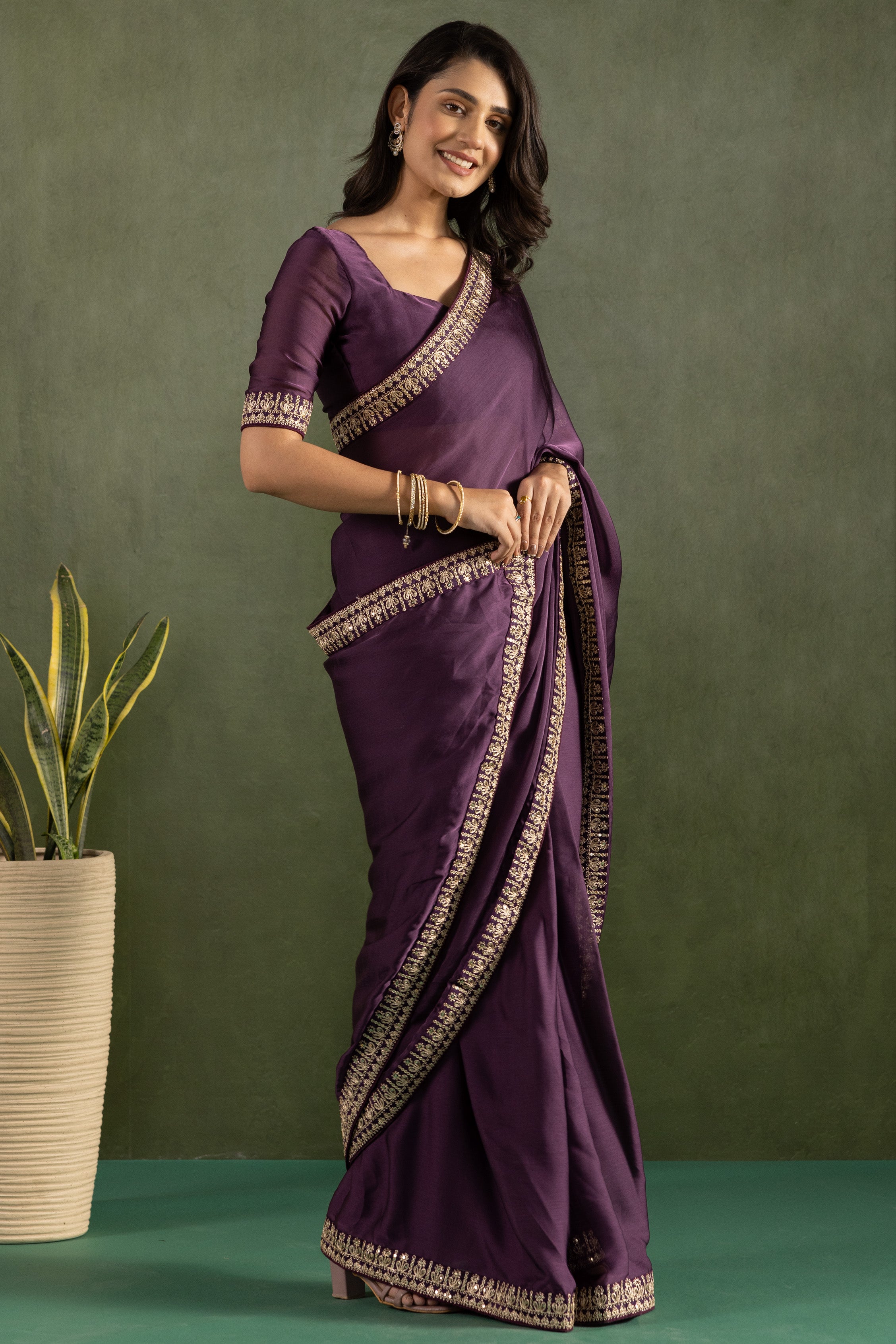 Purple Chiffon Ready To Wear Designer Solid Partywear Saree