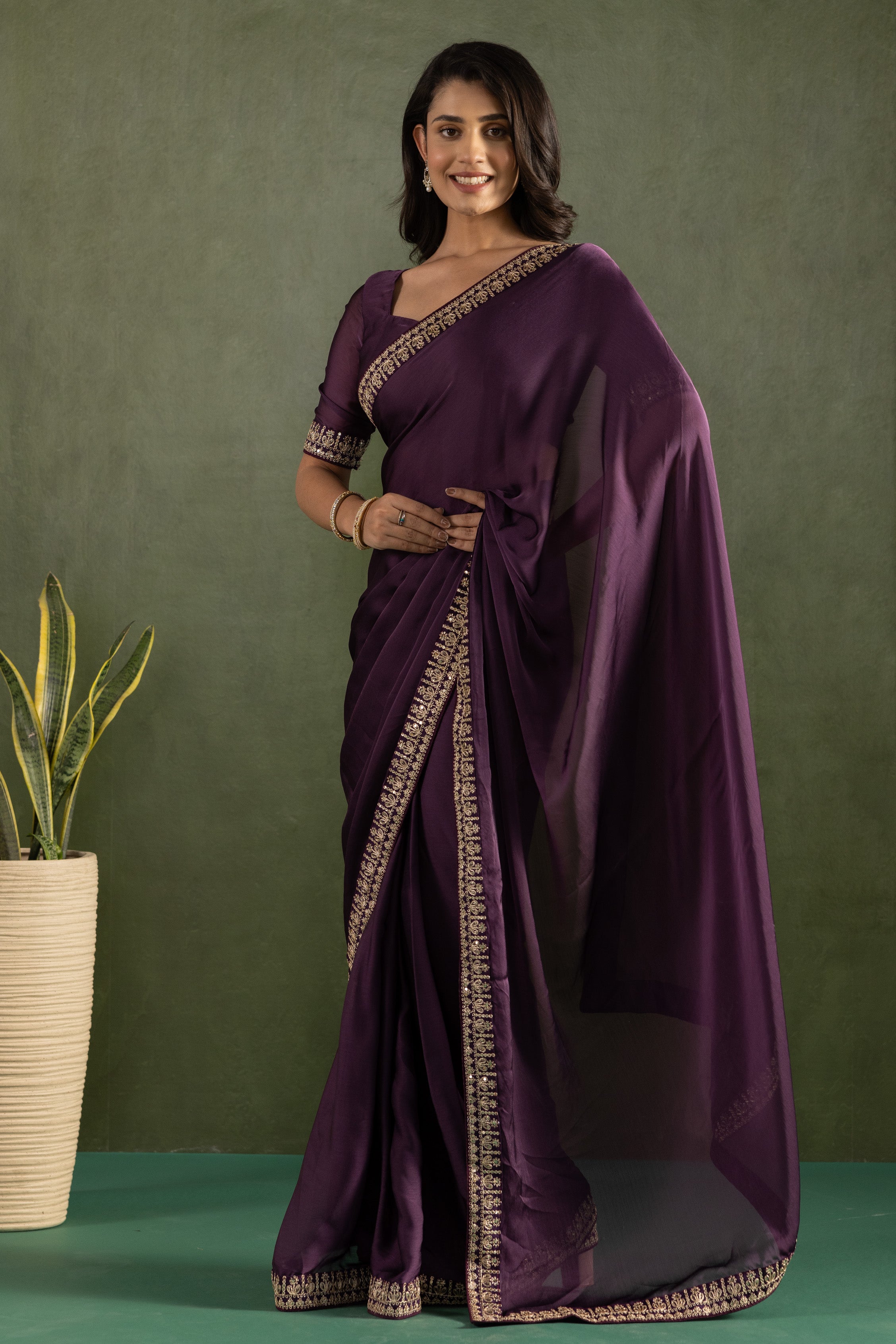 Purple Chiffon Ready To Wear Designer Solid Partywear Saree