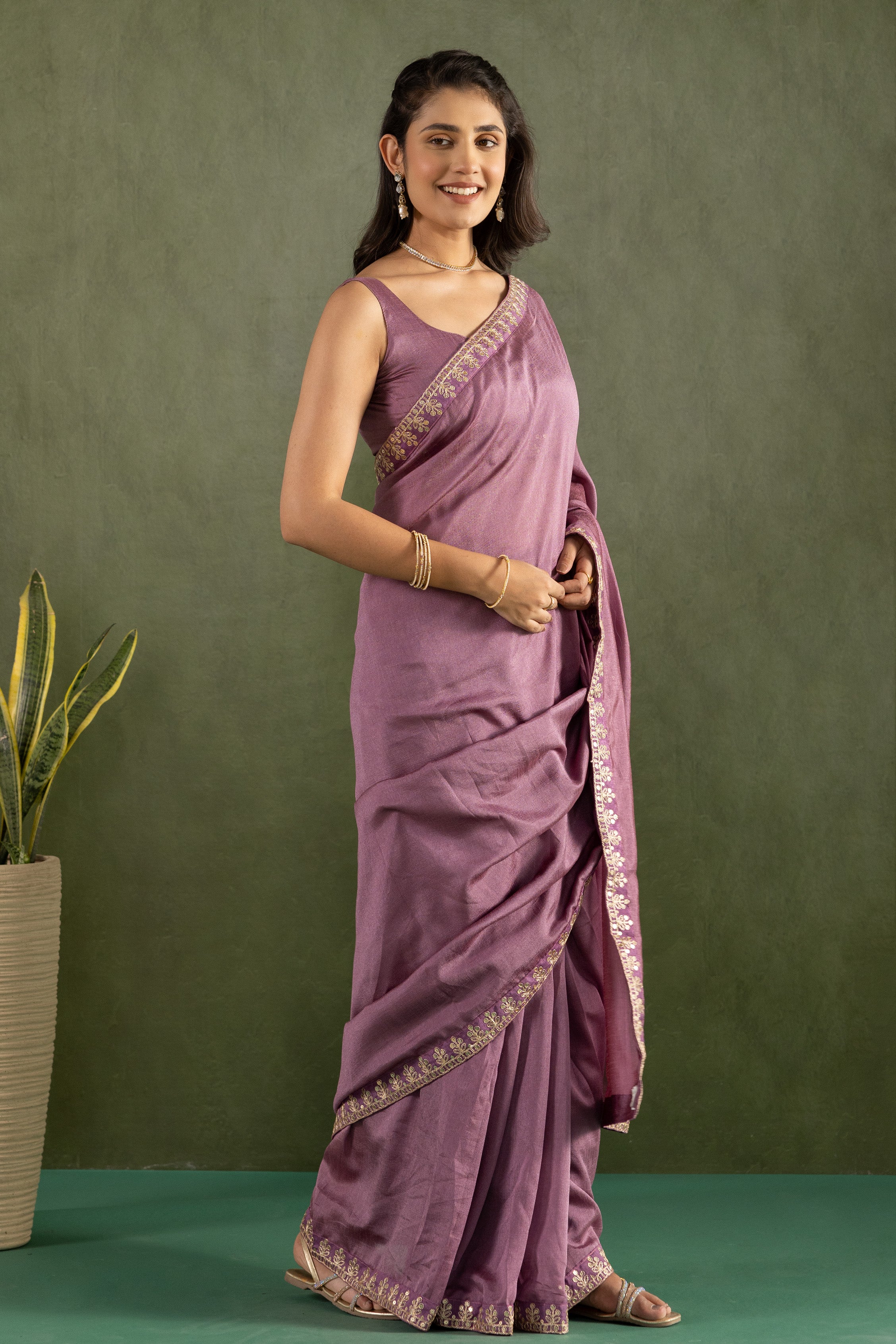 Purple Chiffon Ready To Wear Saree For Graceful Bollywood Style Saree