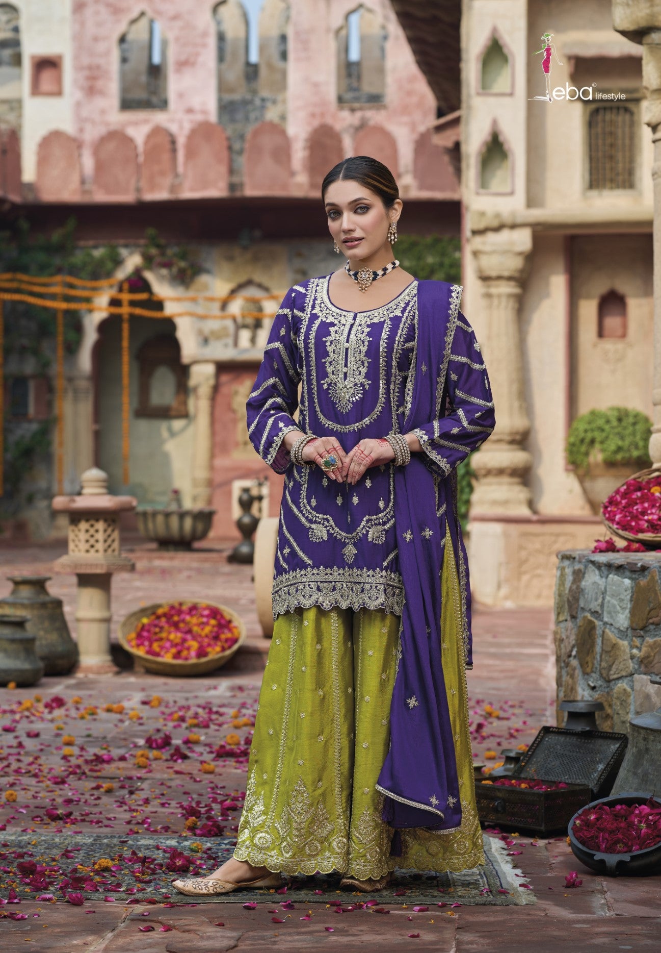 Purple Chinon Designer Suit Set With Elegant Embroidery