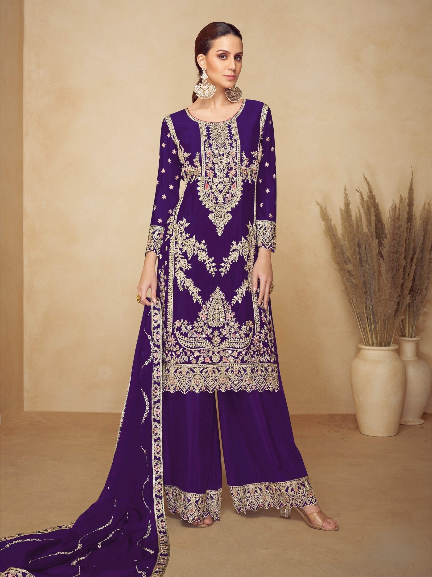 Purple Chinon Designer Suit Set With Elegant Embroidery