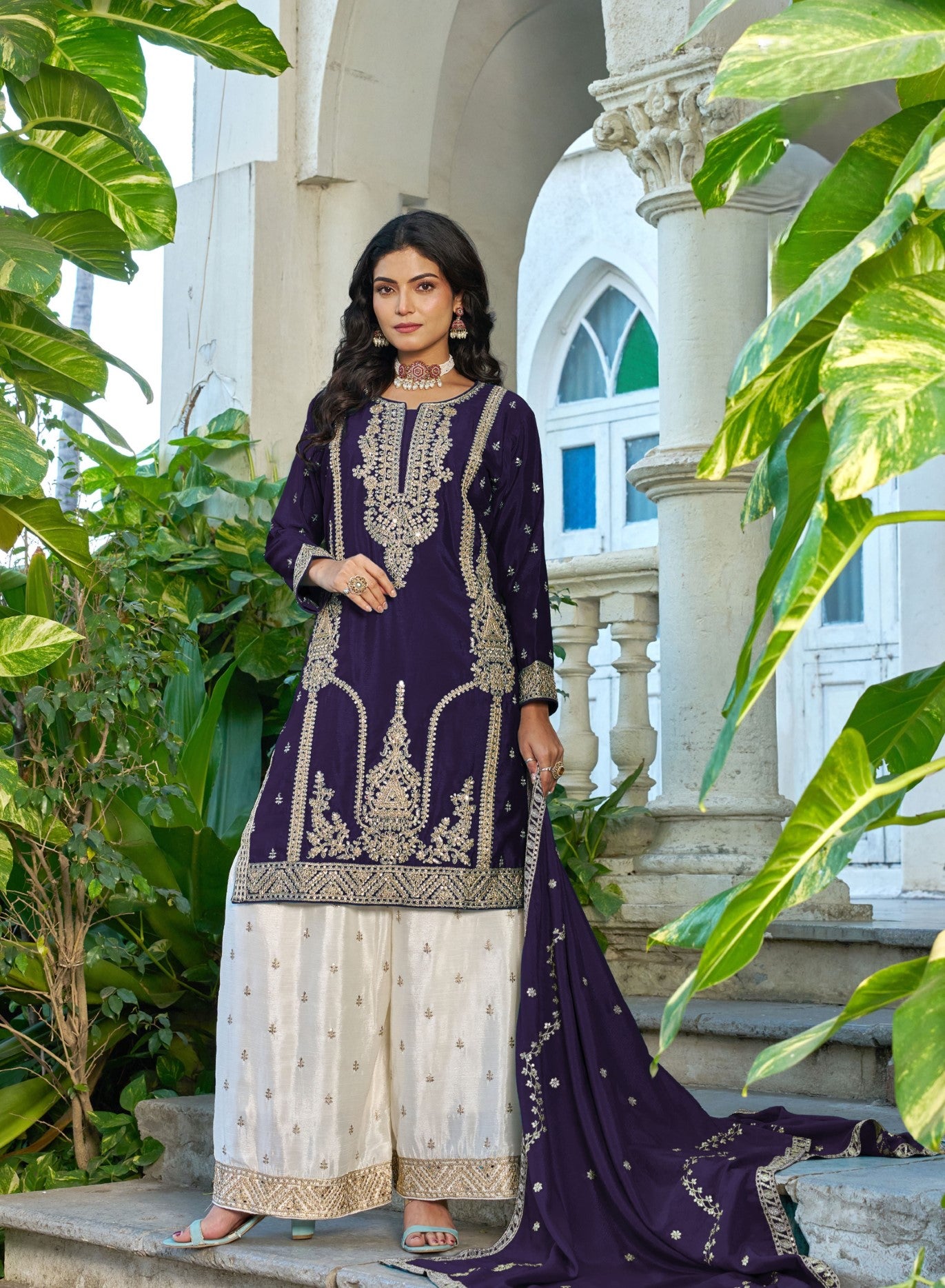 Purple Chinon Designer Suit Set With Elegant Embroidery