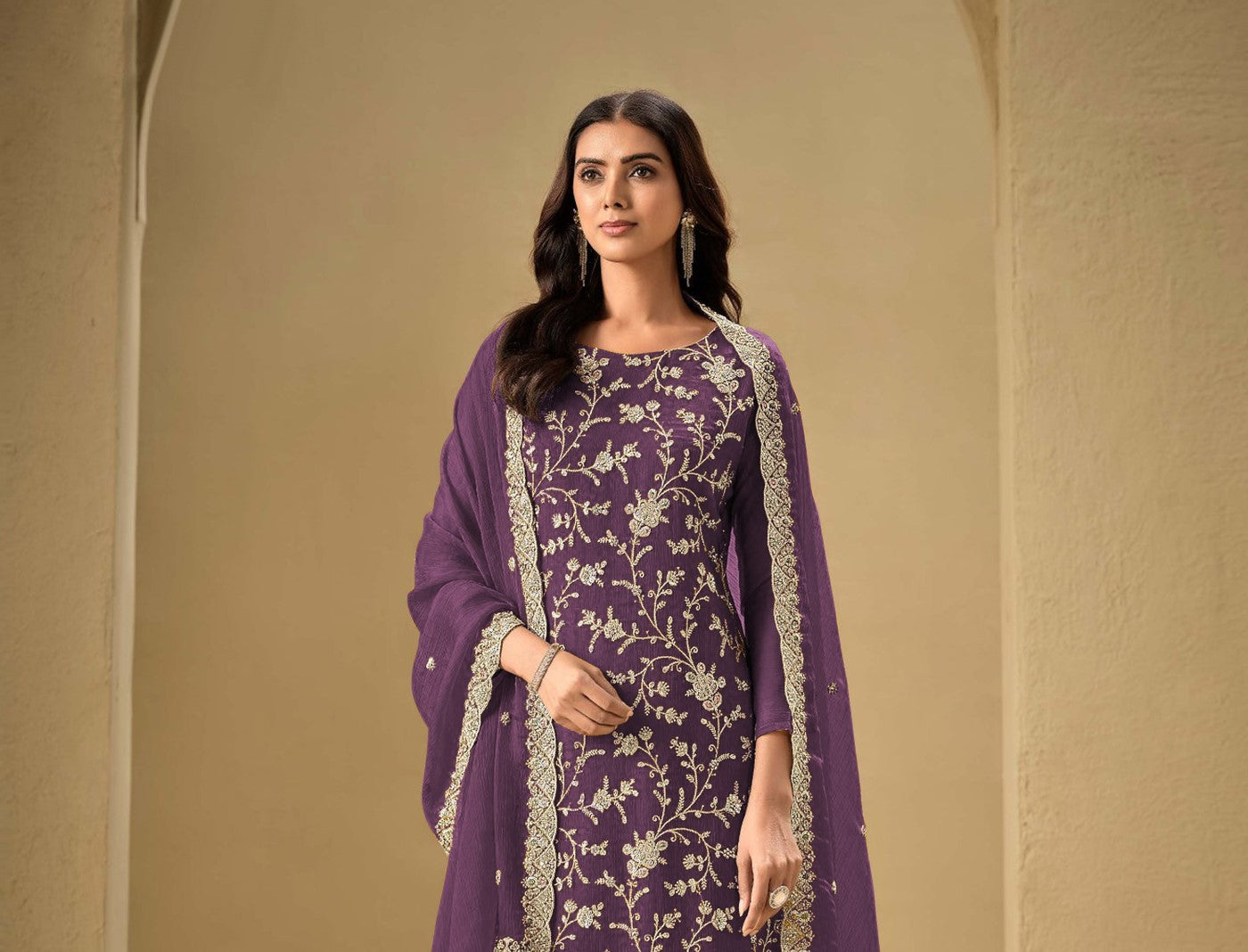 Purple Chinon Designer Suit Set With Elegant Embroidery