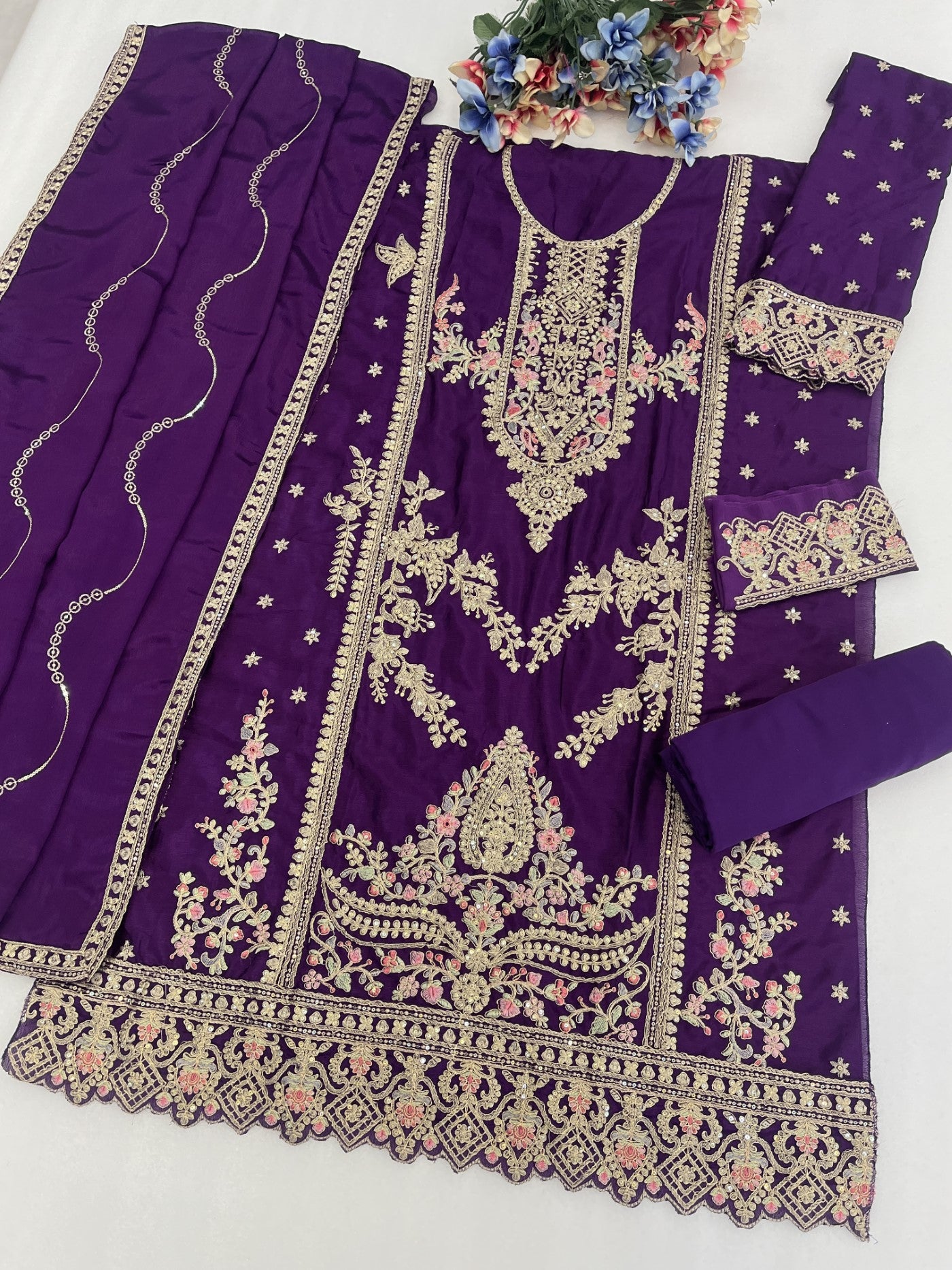 Purple Chinon Designer Suit Set With Elegant Embroidery