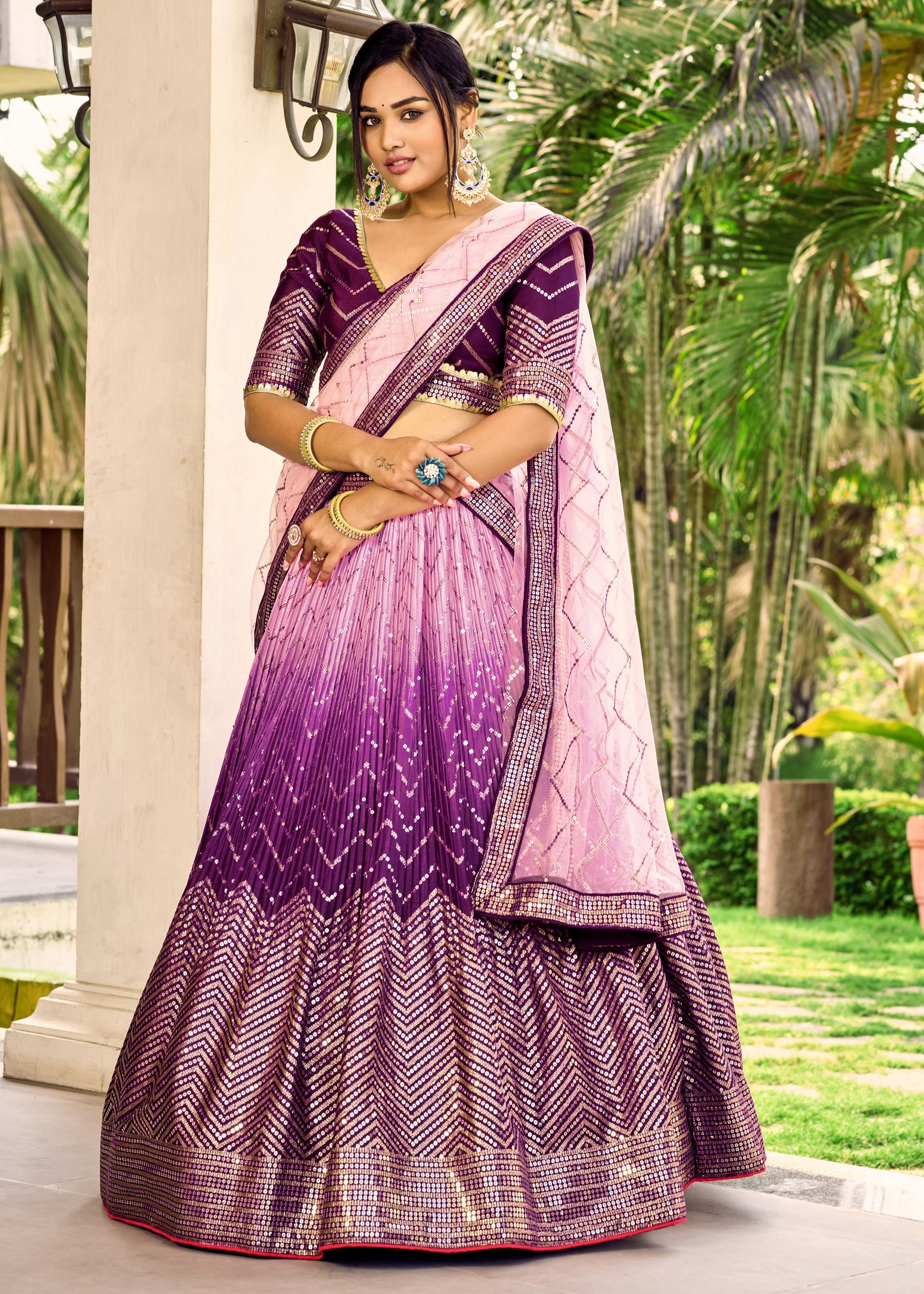 Purple Chinon Lehenga Choli With Sequins, Thread Embroidery Work