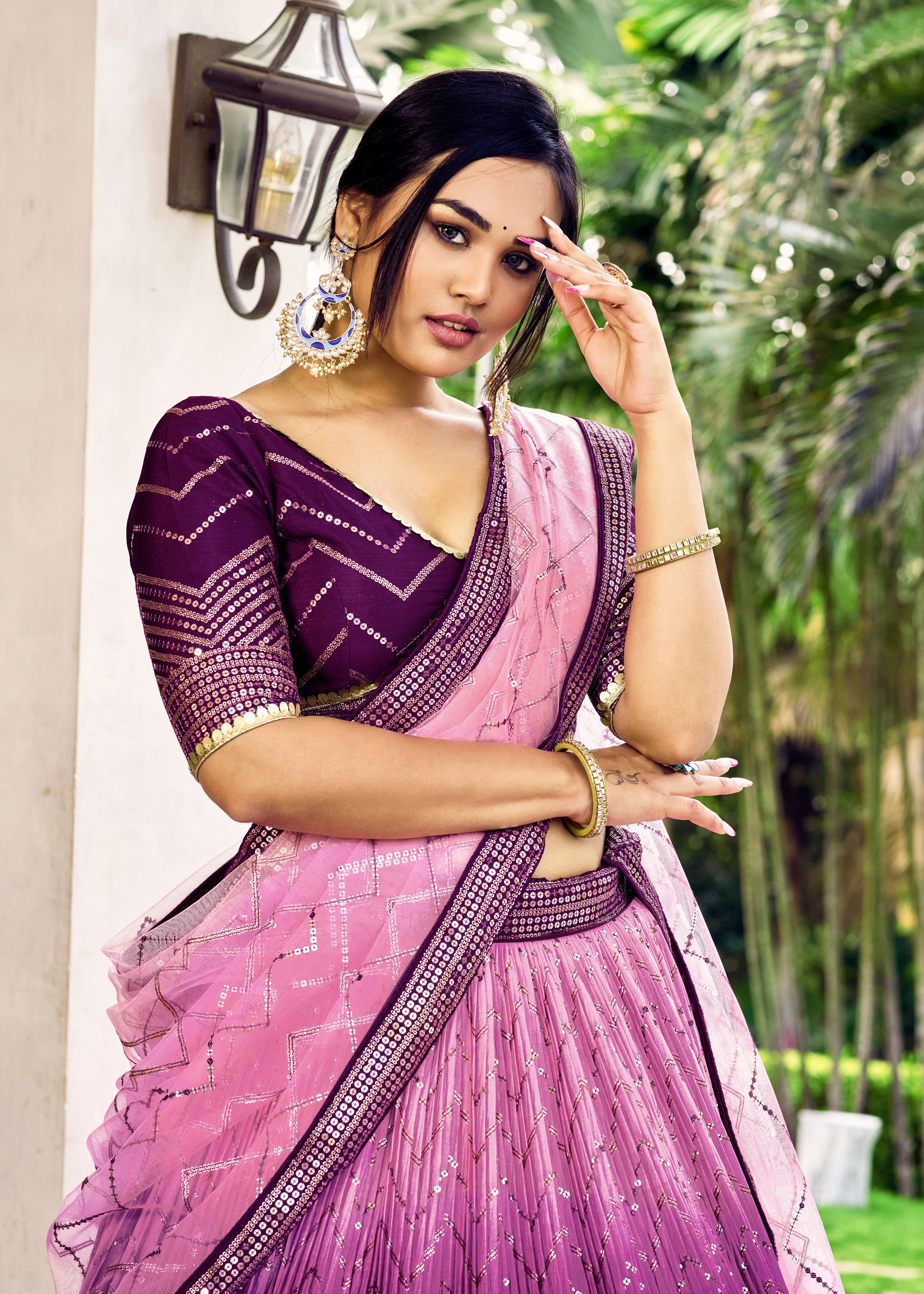 Purple Chinon Lehenga Choli With Sequins, Thread Embroidery Work