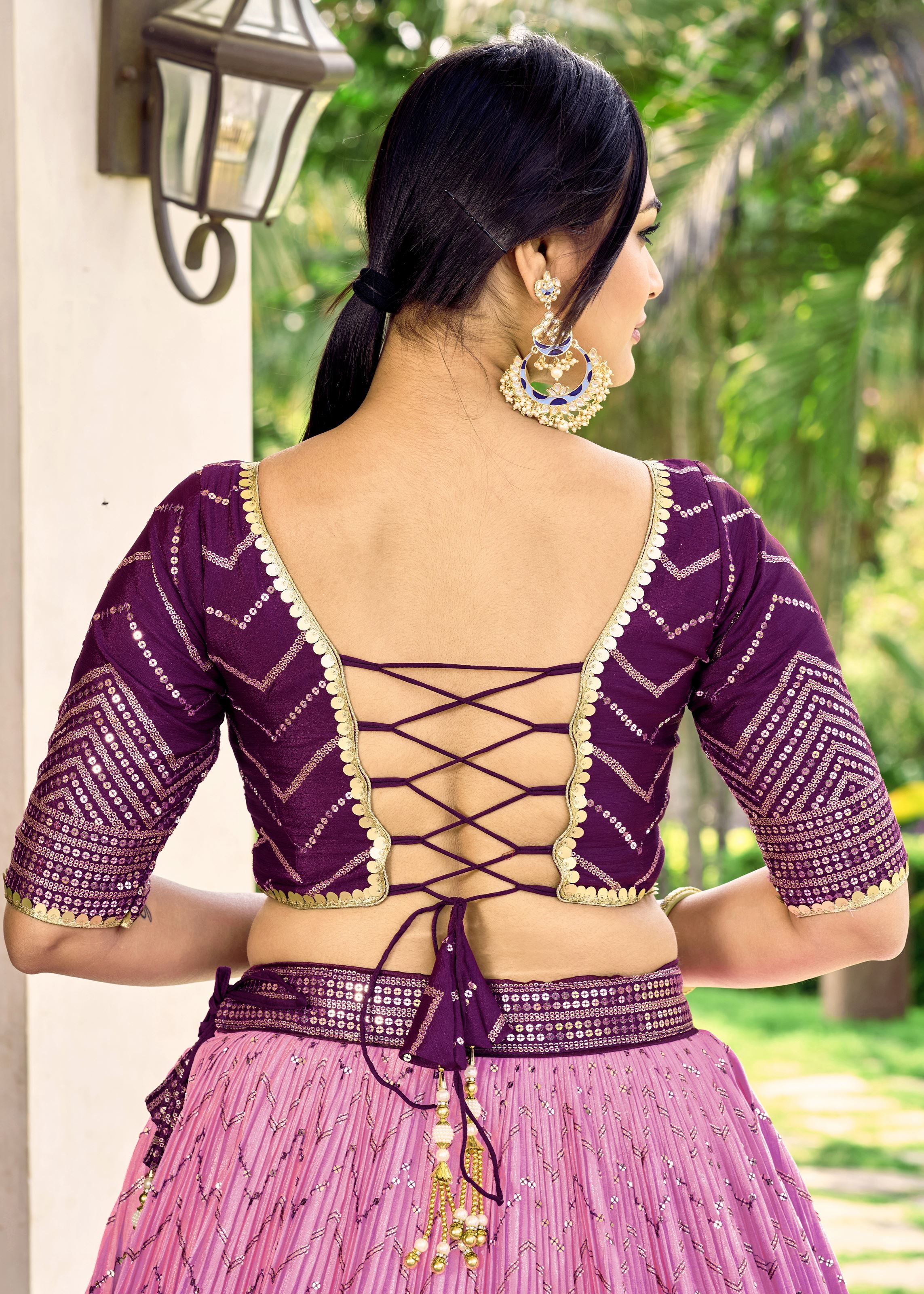 Purple Chinon Lehenga Choli With Sequins, Thread Embroidery Work