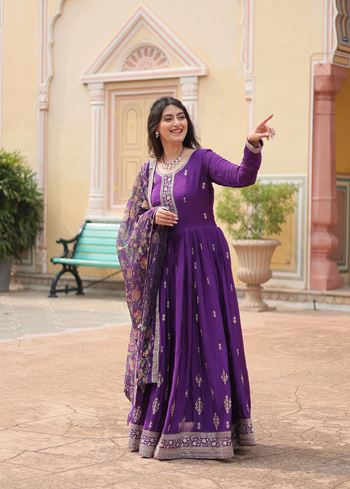 Purple Chinon Suit With Sequins Embroidered work