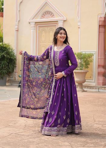 Purple Chinon Suit With Sequins Embroidered work