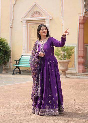 Purple Chinon Suit With Sequins Embroidered work