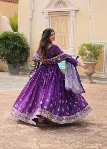 Purple Chinon Suit With Sequins Embroidered work