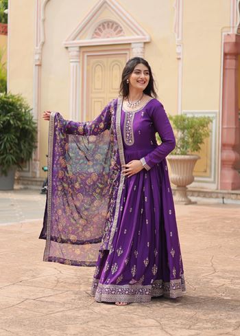 Purple Chinon Suit With Sequins Embroidered work