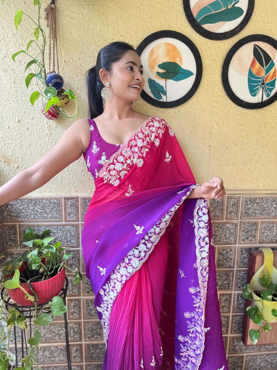 Purple Colour Georgette Embroidery Crush Work Saree