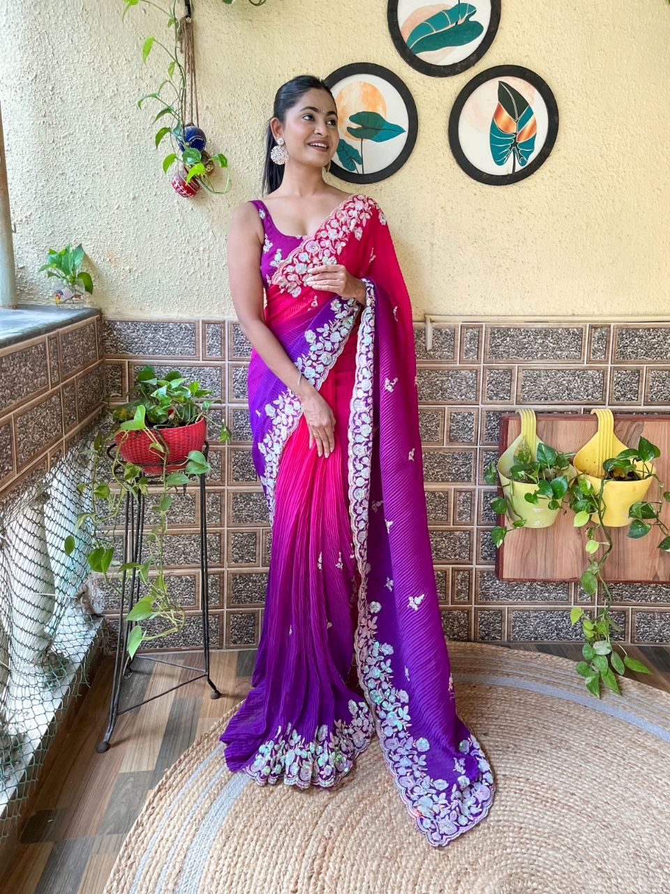 Purple Colour Georgette Embroidery Crush Work Saree