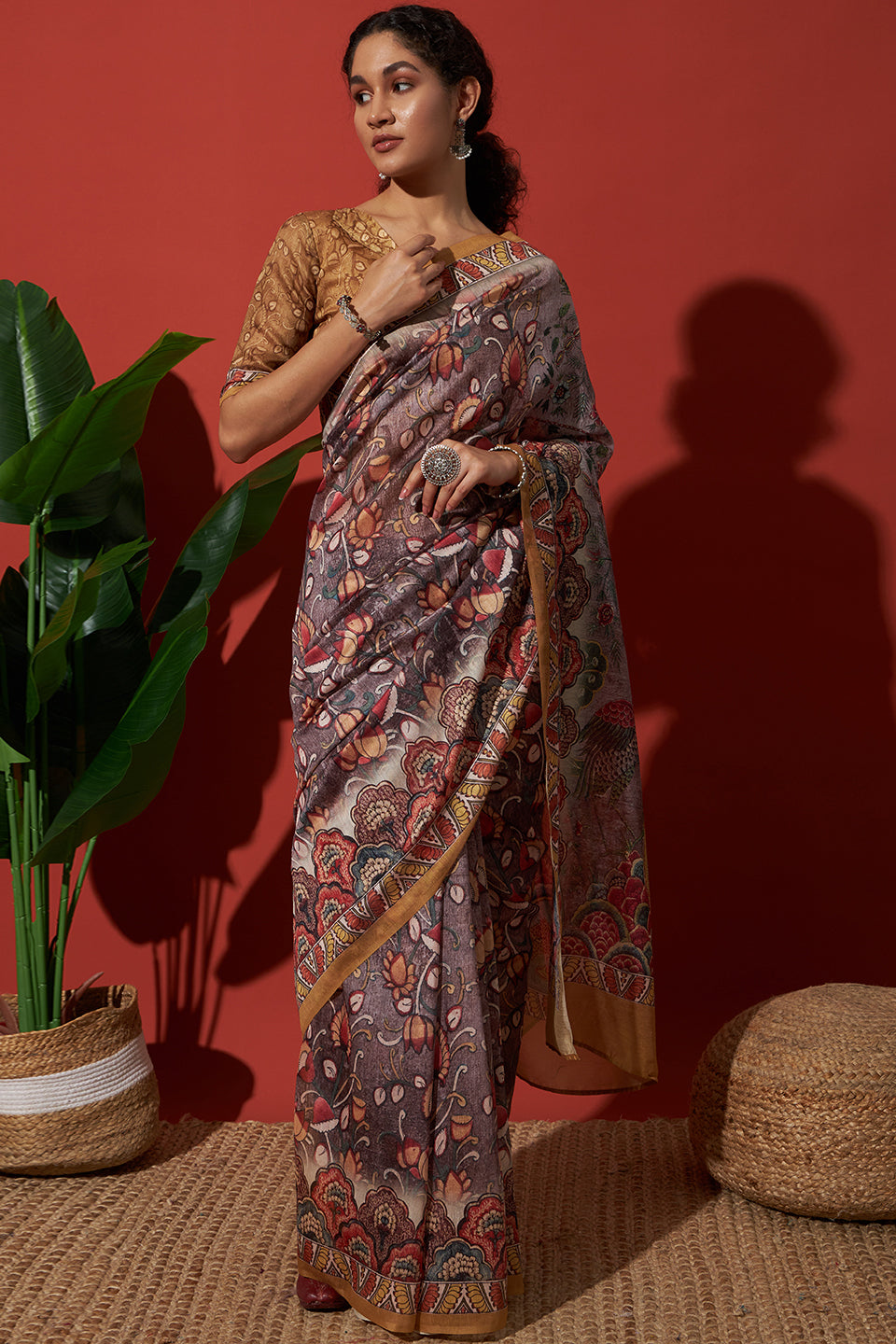 Purple Cotton Silk Designer Digital Printed Ethnic Ceremonial Saree