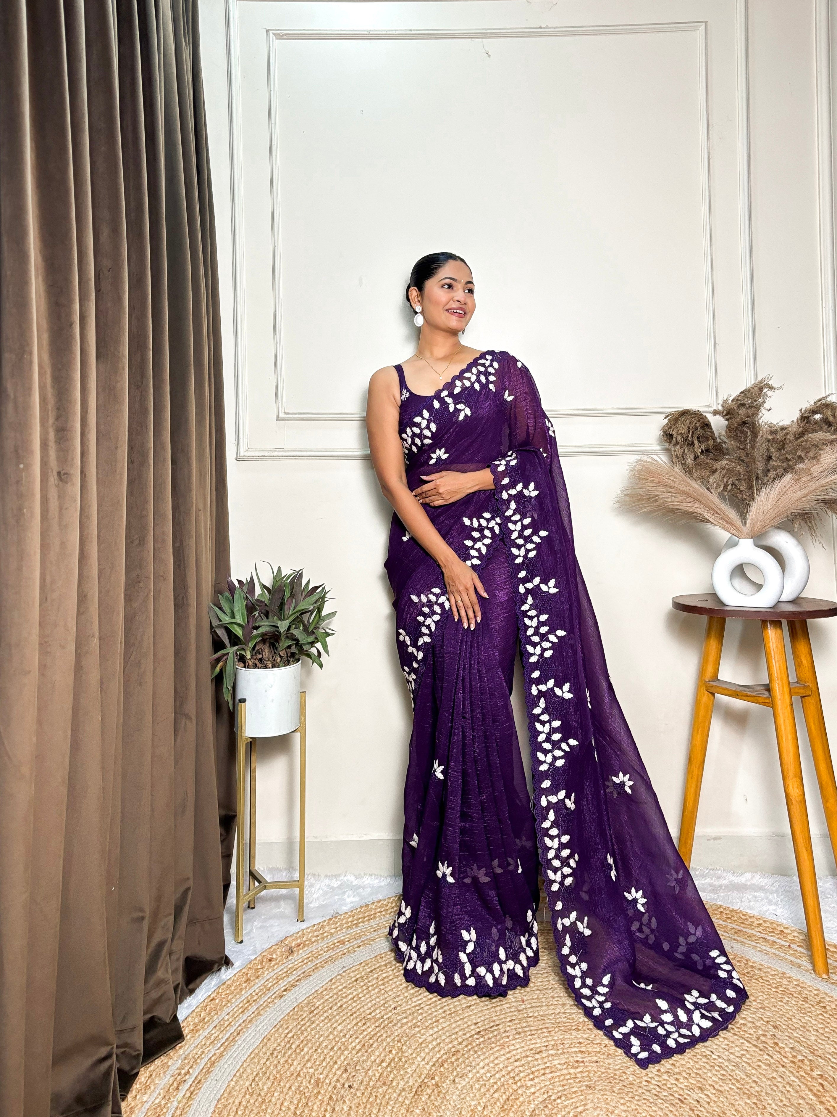 Purple Crunchy Ethnic Beautiful Embroidered Saree