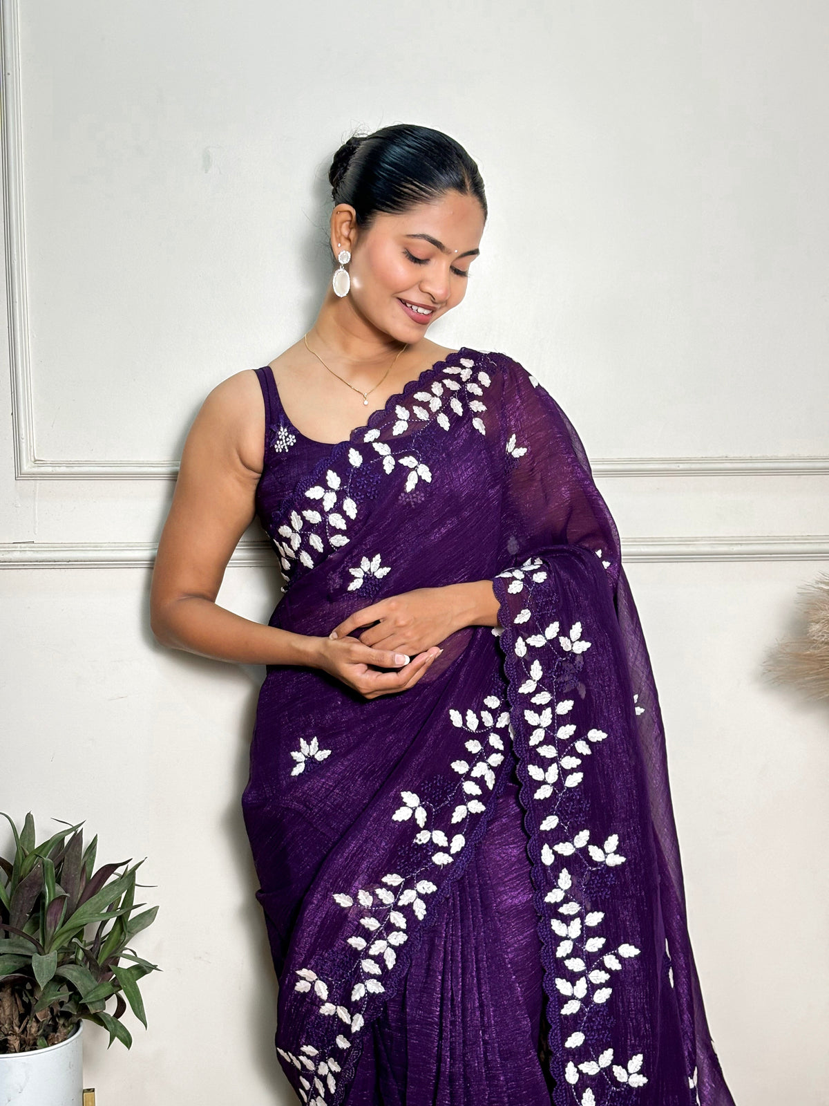 Purple Crunchy Ethnic Beautiful Embroidered Saree