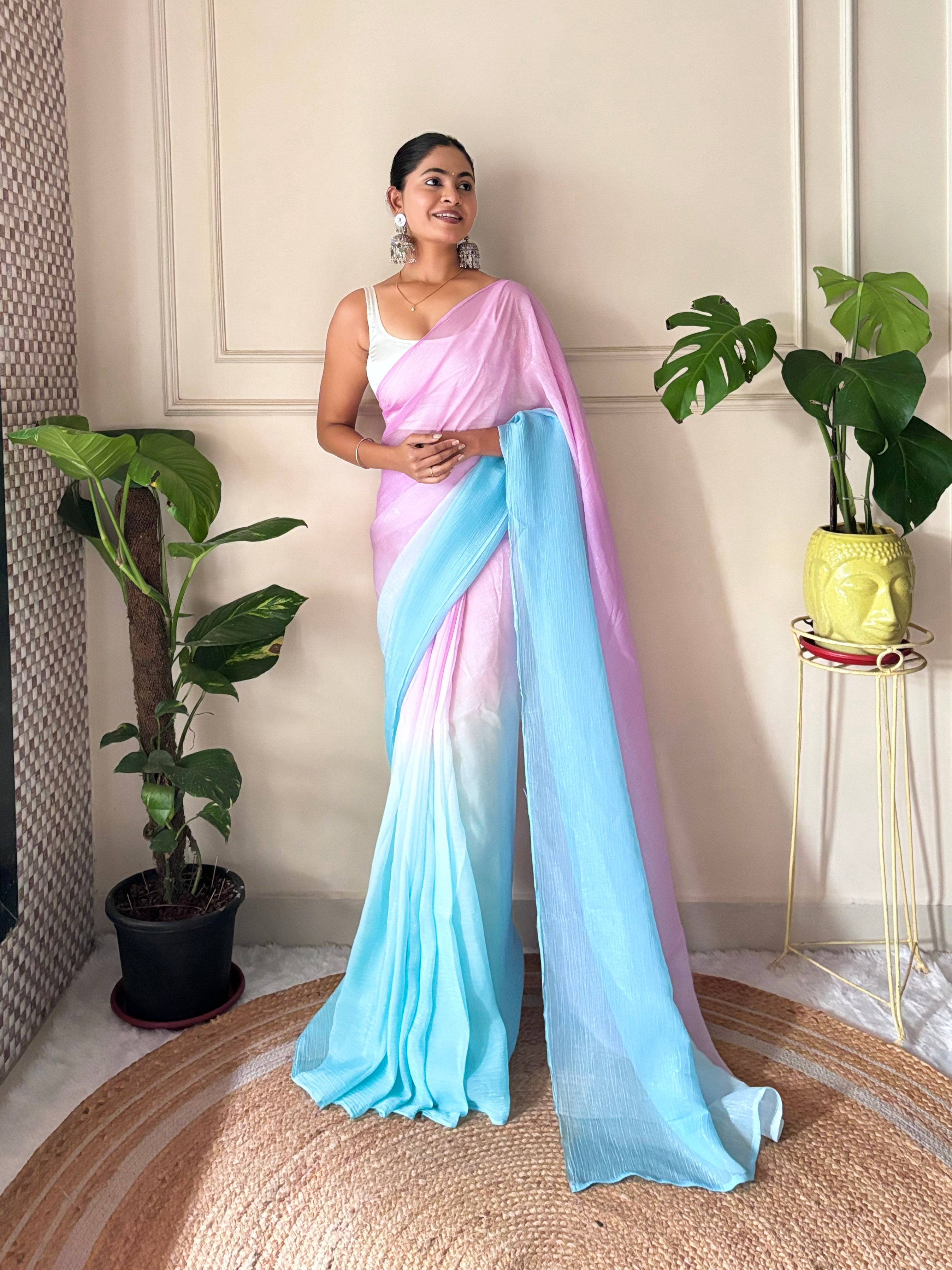 Purple Crunchy Pedding Solid Bollywood Style Ready To Wear Saree