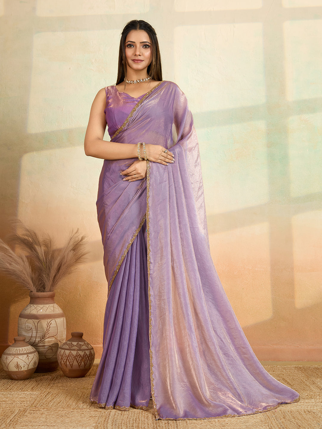 Purple Designer Beads Embroidery Work Fendy Satin Bollywood Style Saree