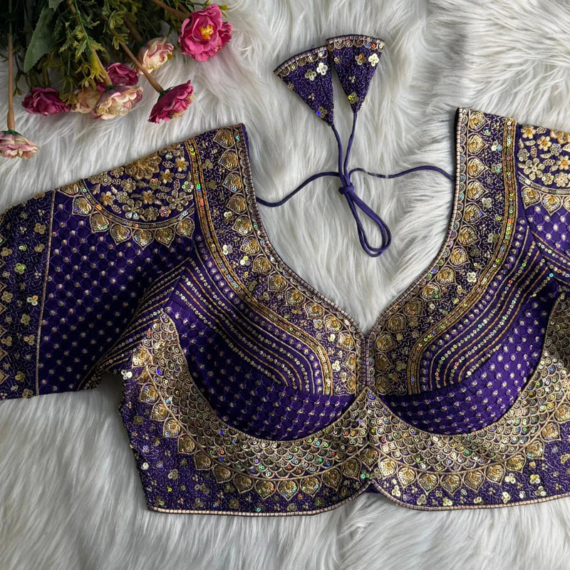 Purple Designer Bridal Blouse with Heavy Stars, Rainbow & Sequins Work Roman Silk