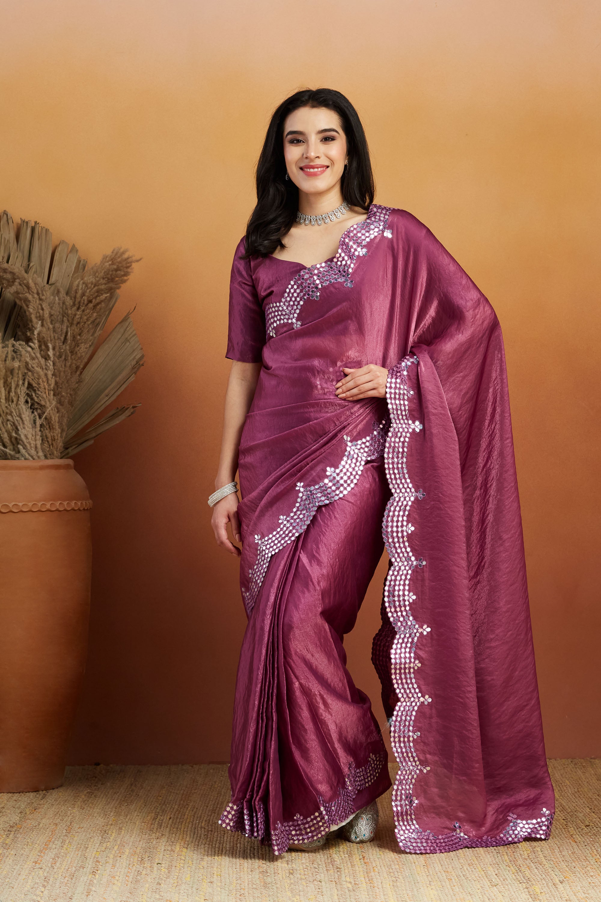 Purple Designer Embroidery Work Ready To Wear Saree