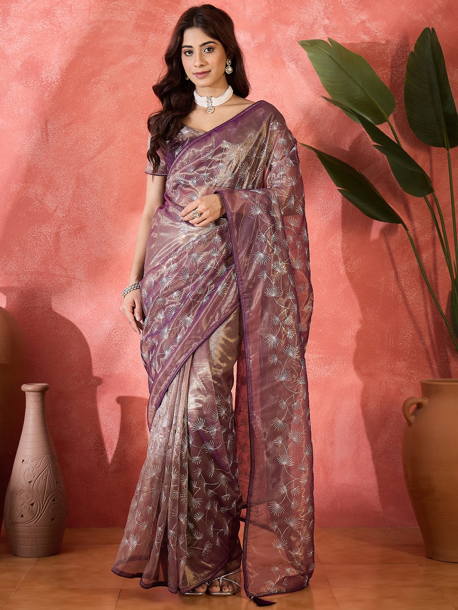Purple Designer Twill Net Sequins Embroidery Work Saree
