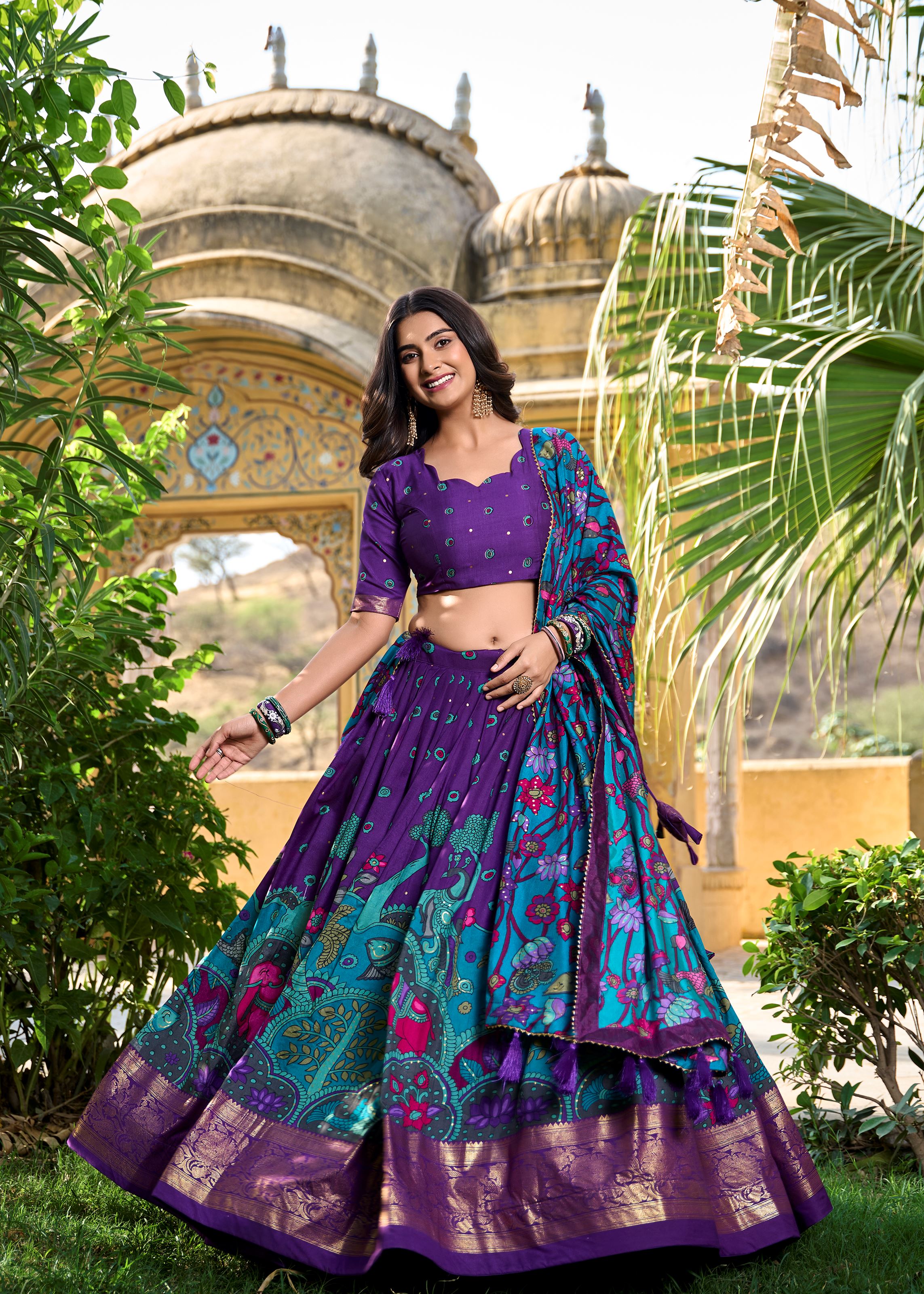 Purple Elegance-Tussar Silk Kalamkari Print Lehenga with Foil Work Finish