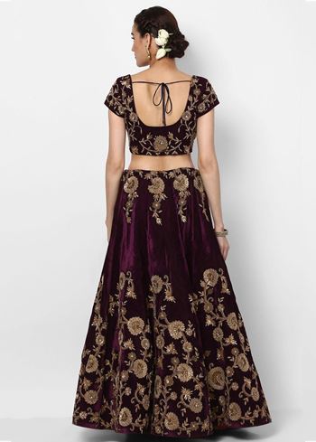Purple Embroidered Velvet Bridal Lehenga Choli With Baby Pink Dupatta