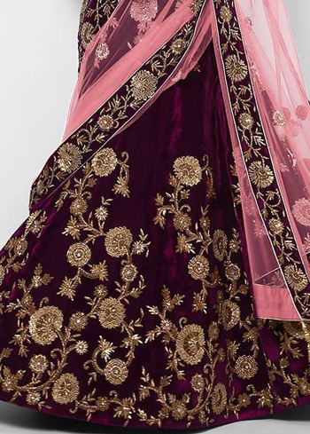 Purple Embroidered Velvet Bridal Lehenga Choli With Baby Pink Dupatta