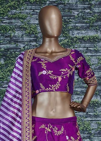 Purple Embroidery Mulberry Silk Wedding Lehenga Choli
