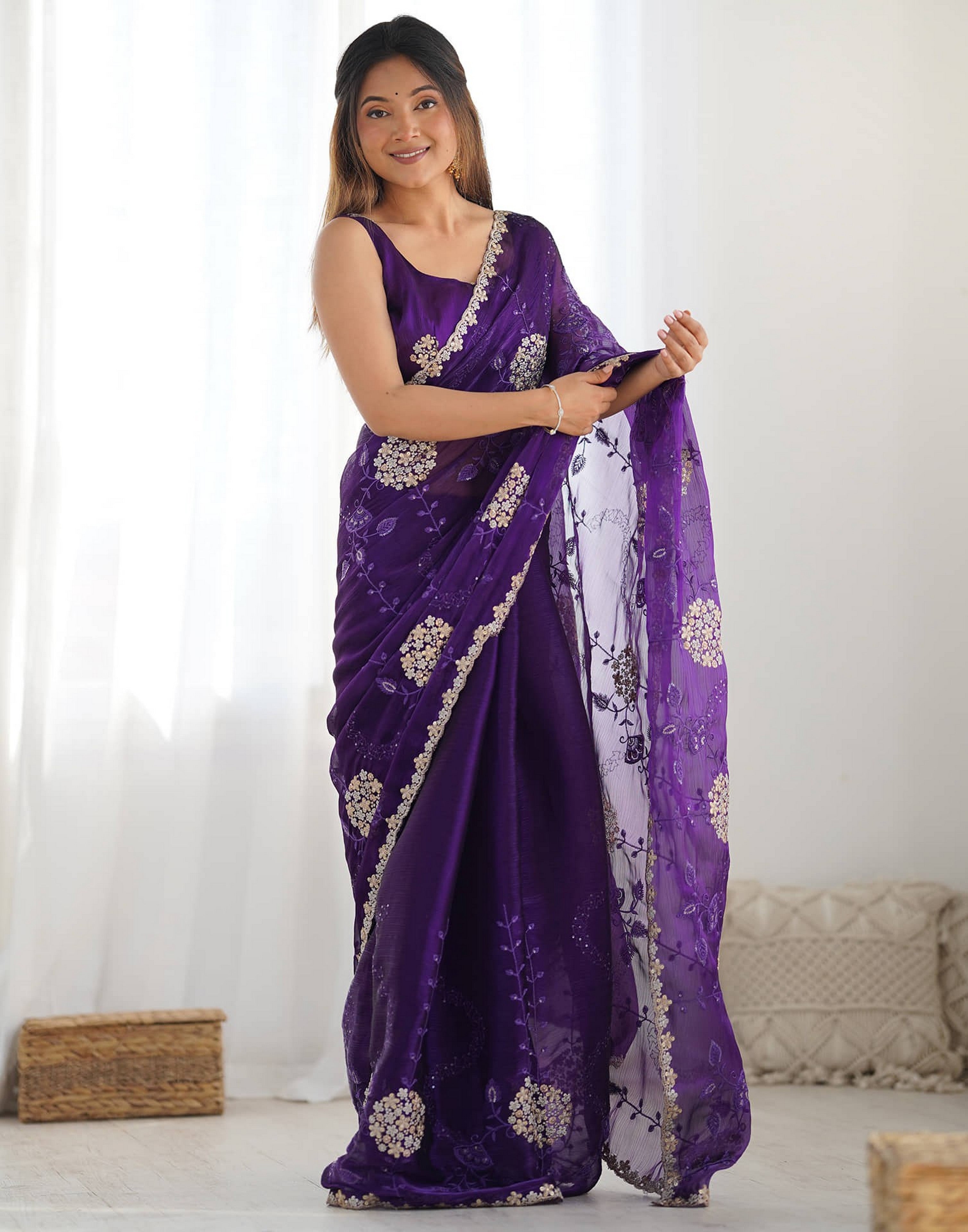 Purple Fancy Embroidery Work Jimmy Choo Girlie Bollywood Saree