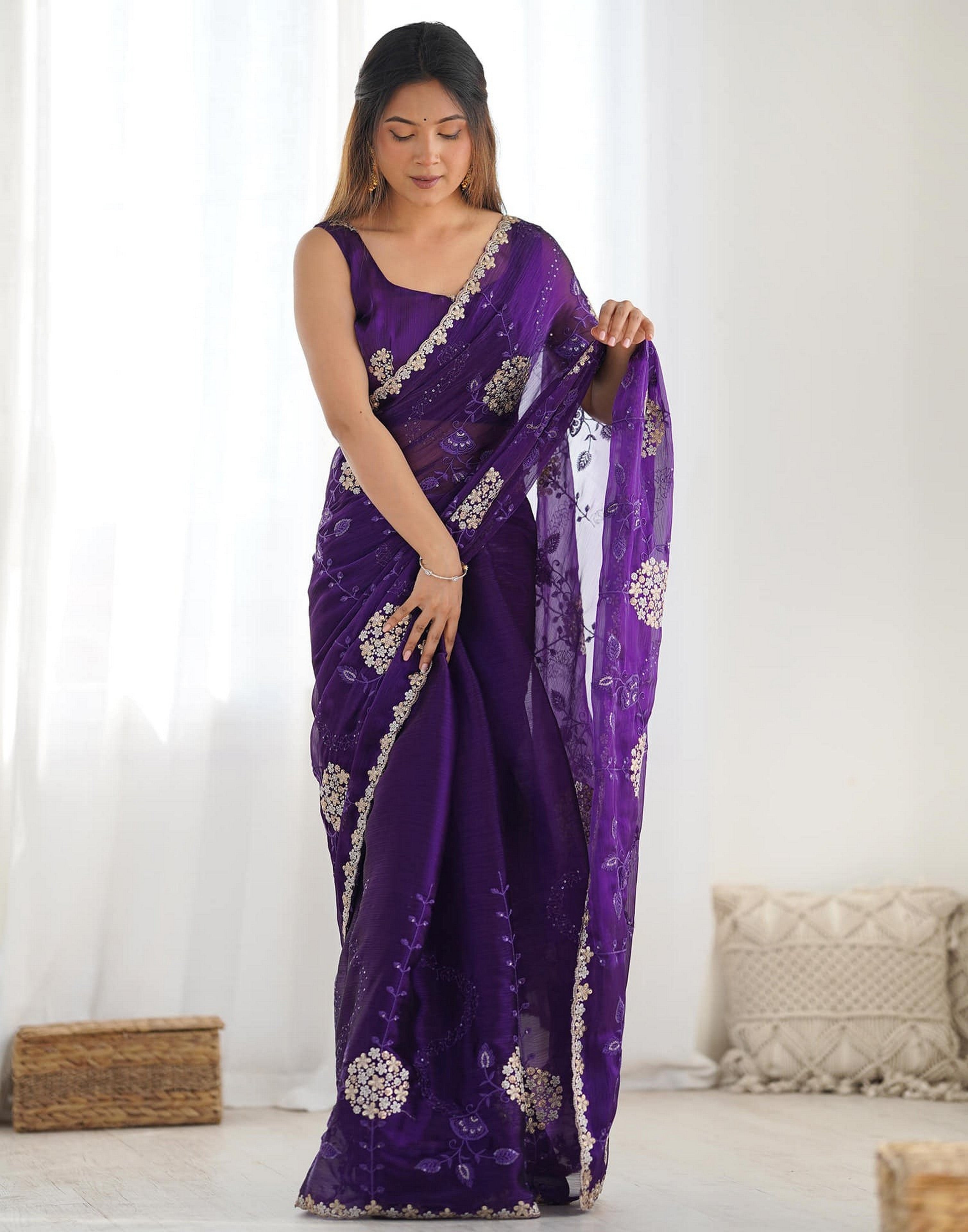 Purple Fancy Embroidery Work Jimmy Choo Girlie Bollywood Saree