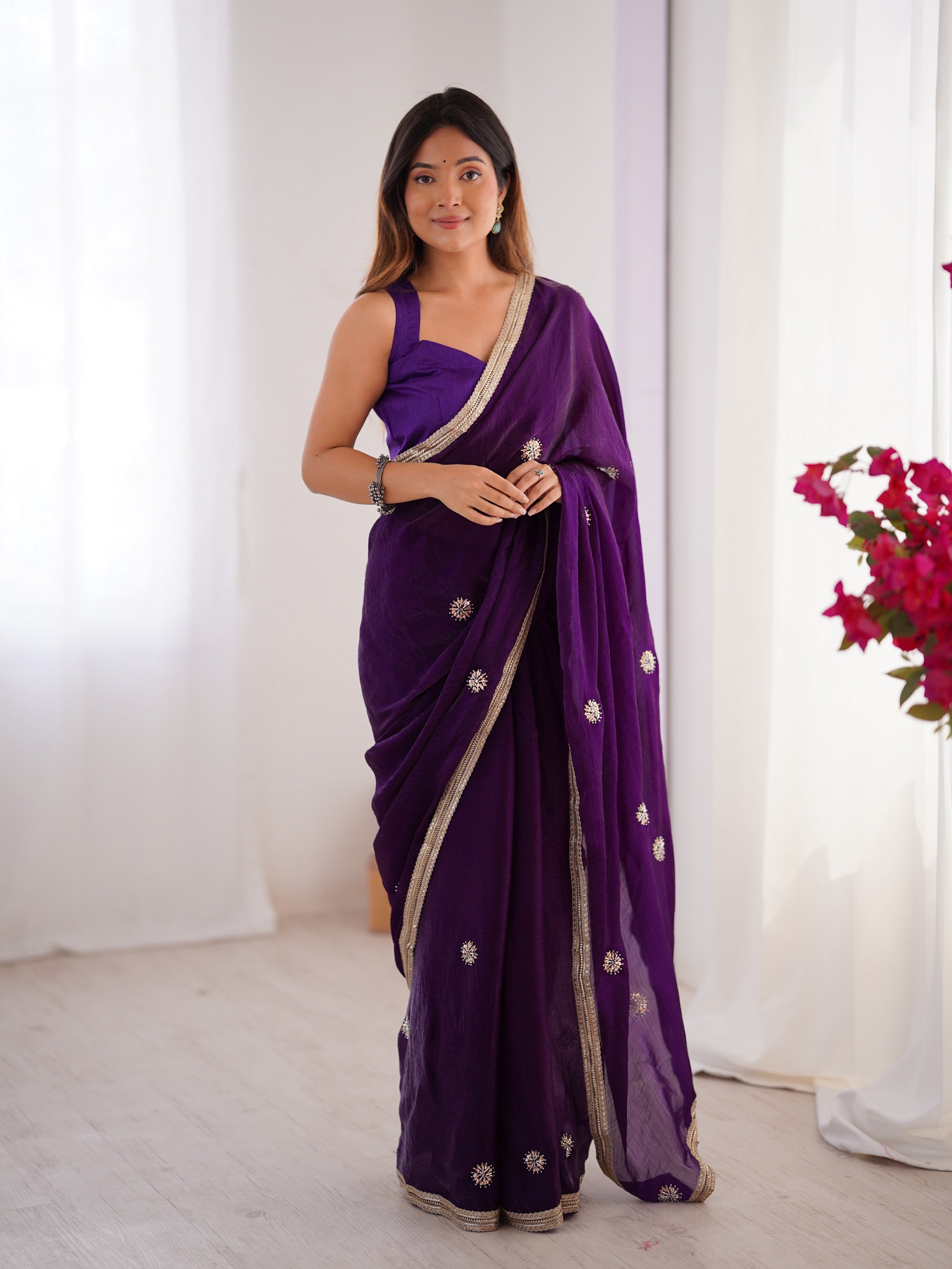 Purple Fancy Stylish Partywear Saree For Girlie Ethnic Looks