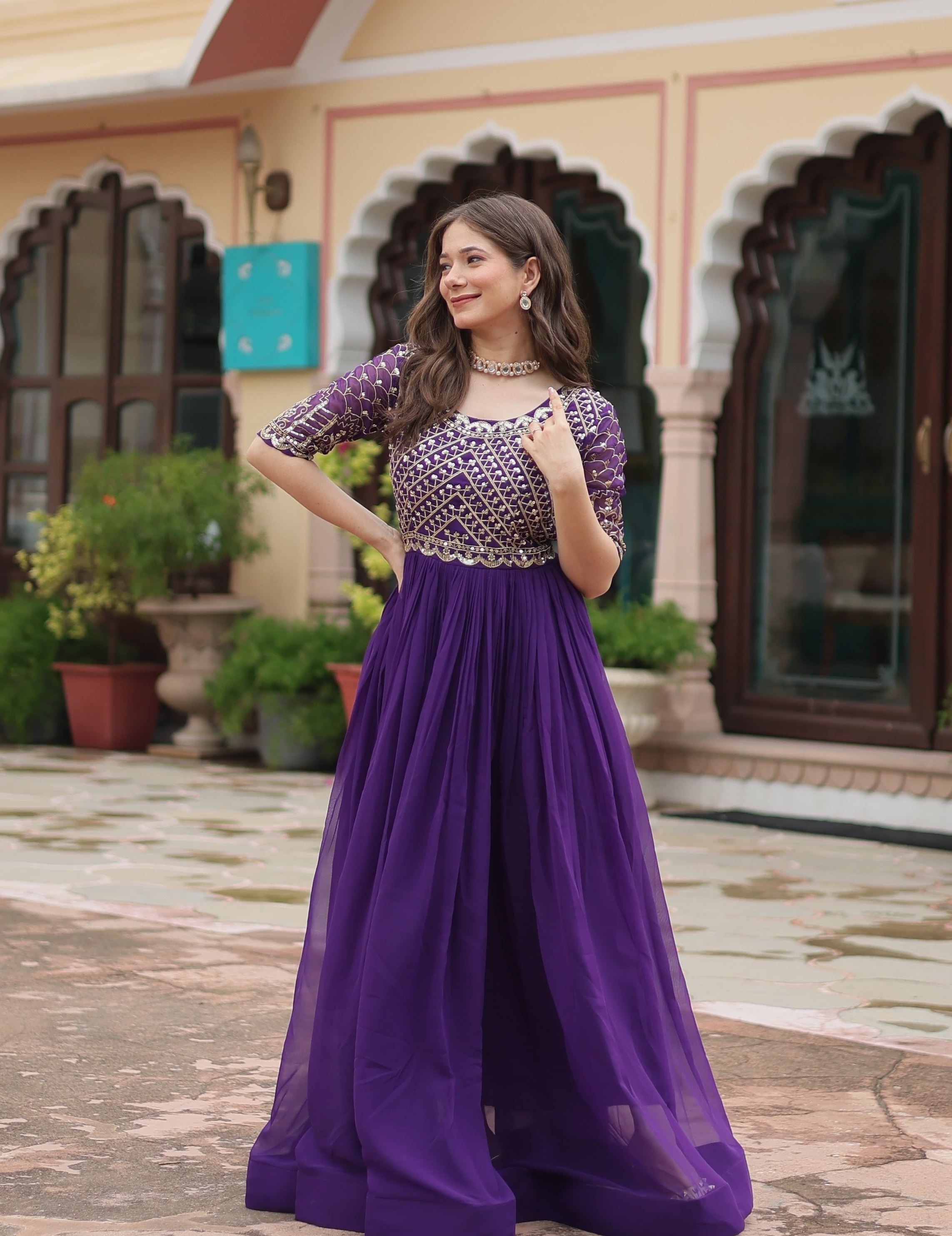 Purple Faux Blooming Gown With Embroidery Zari Sequins-work