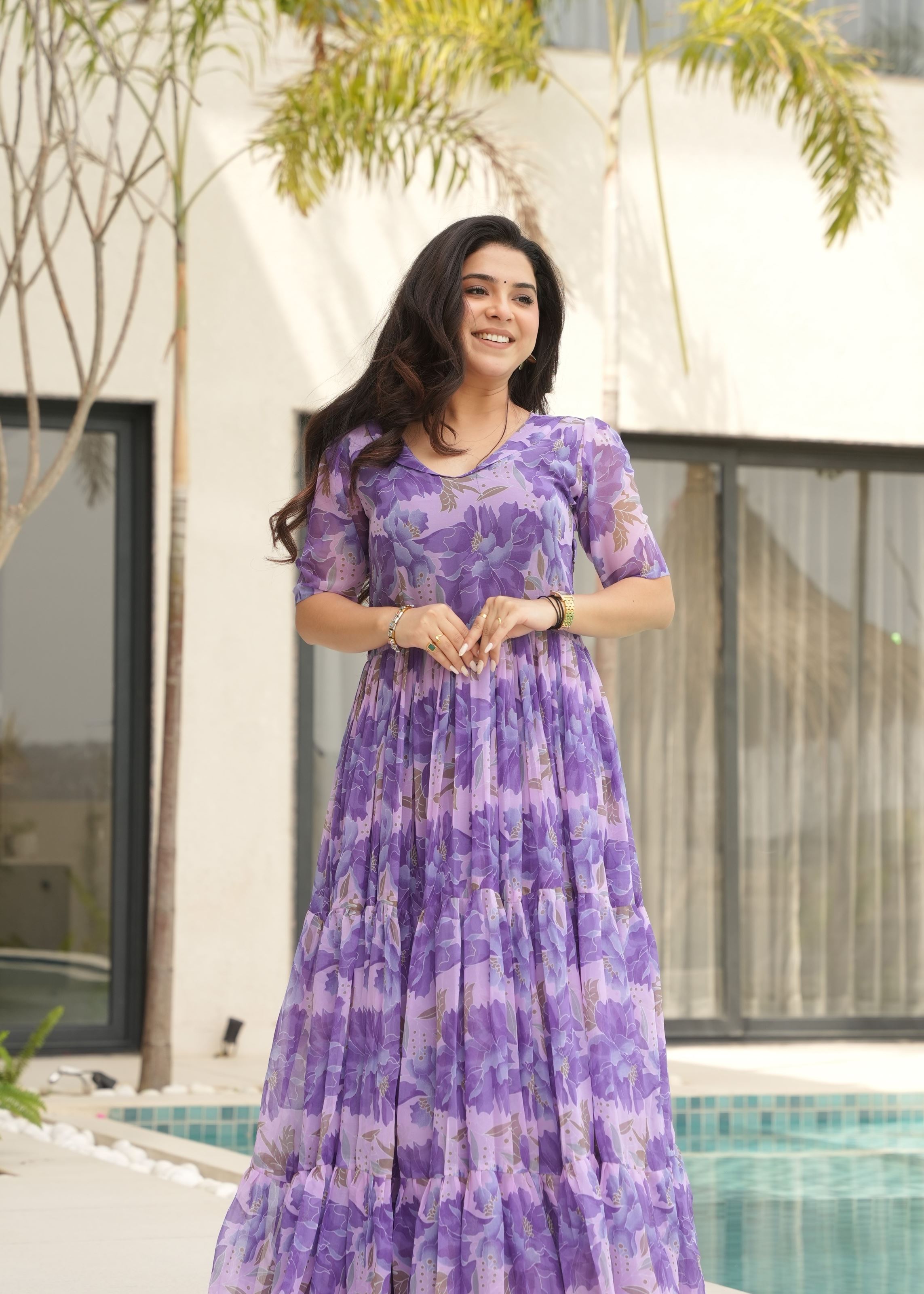 Purple Faux Georgette Gown With Printed
