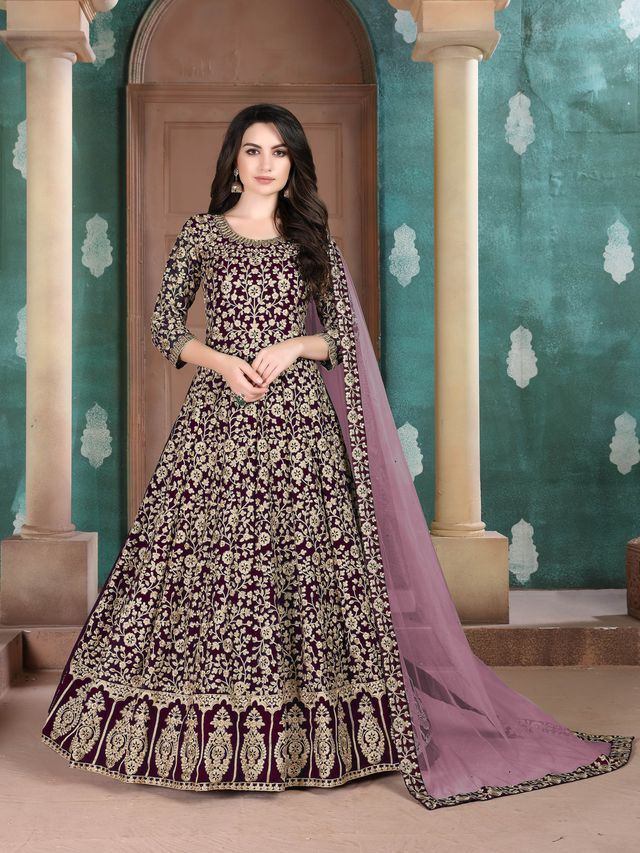 Purple Faux Georgette Heavy Embroidery with Embroidered lace dupatta Anarkali Suits