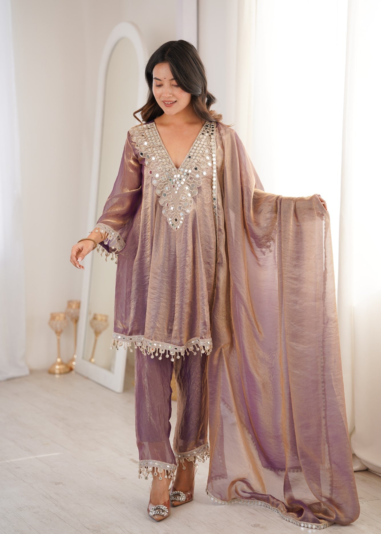 Purple Fendy Designer Suit Set With Mirror Work & Embroidered Lace