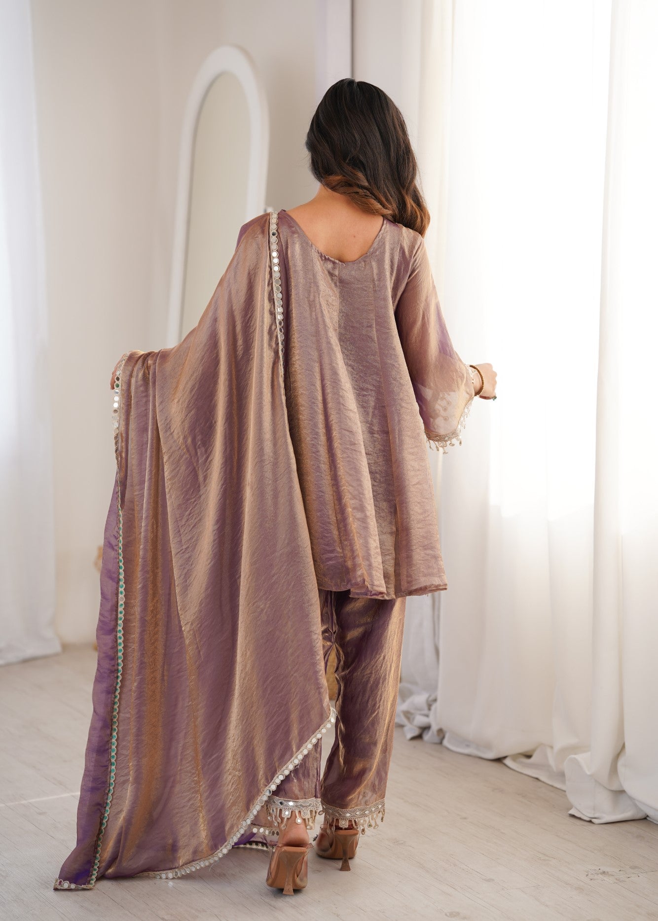 Purple Fendy Designer Suit Set With Mirror Work & Embroidered Lace