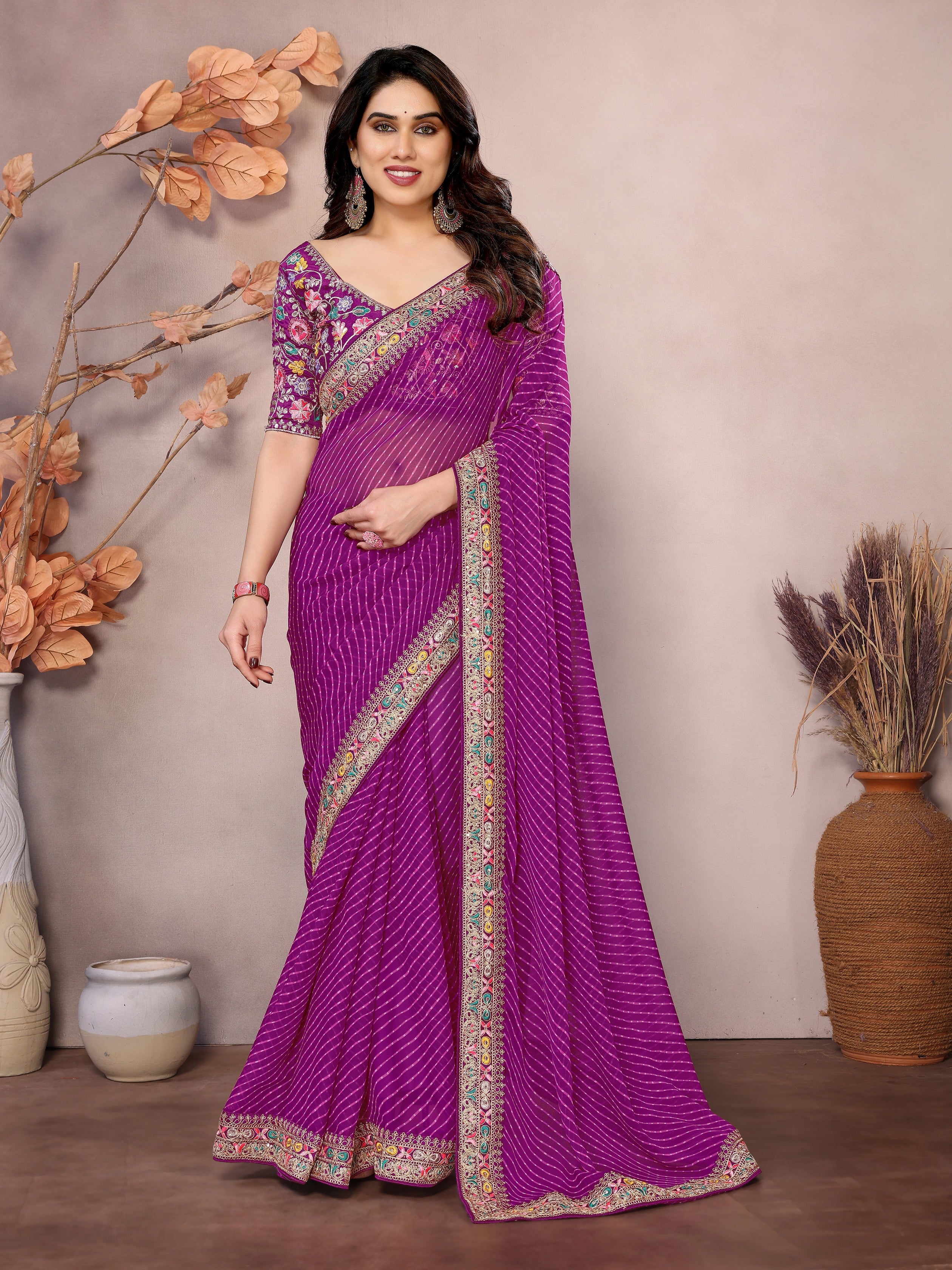 Purple Georgette Designer Embroidered Traditional Leheria Saree