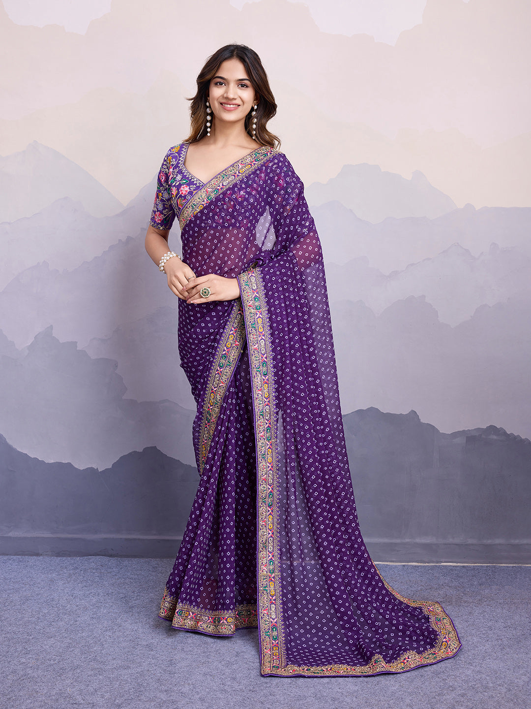 Purple Georgette Designer Partywear Bandhej Saree