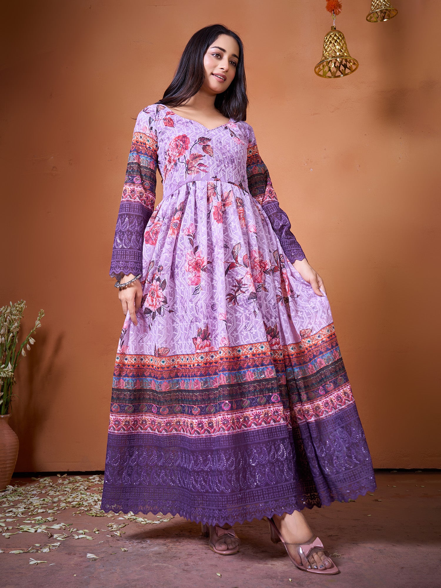 Purple Georgette Designer Suit Set With Embroidered & Printed Artistry