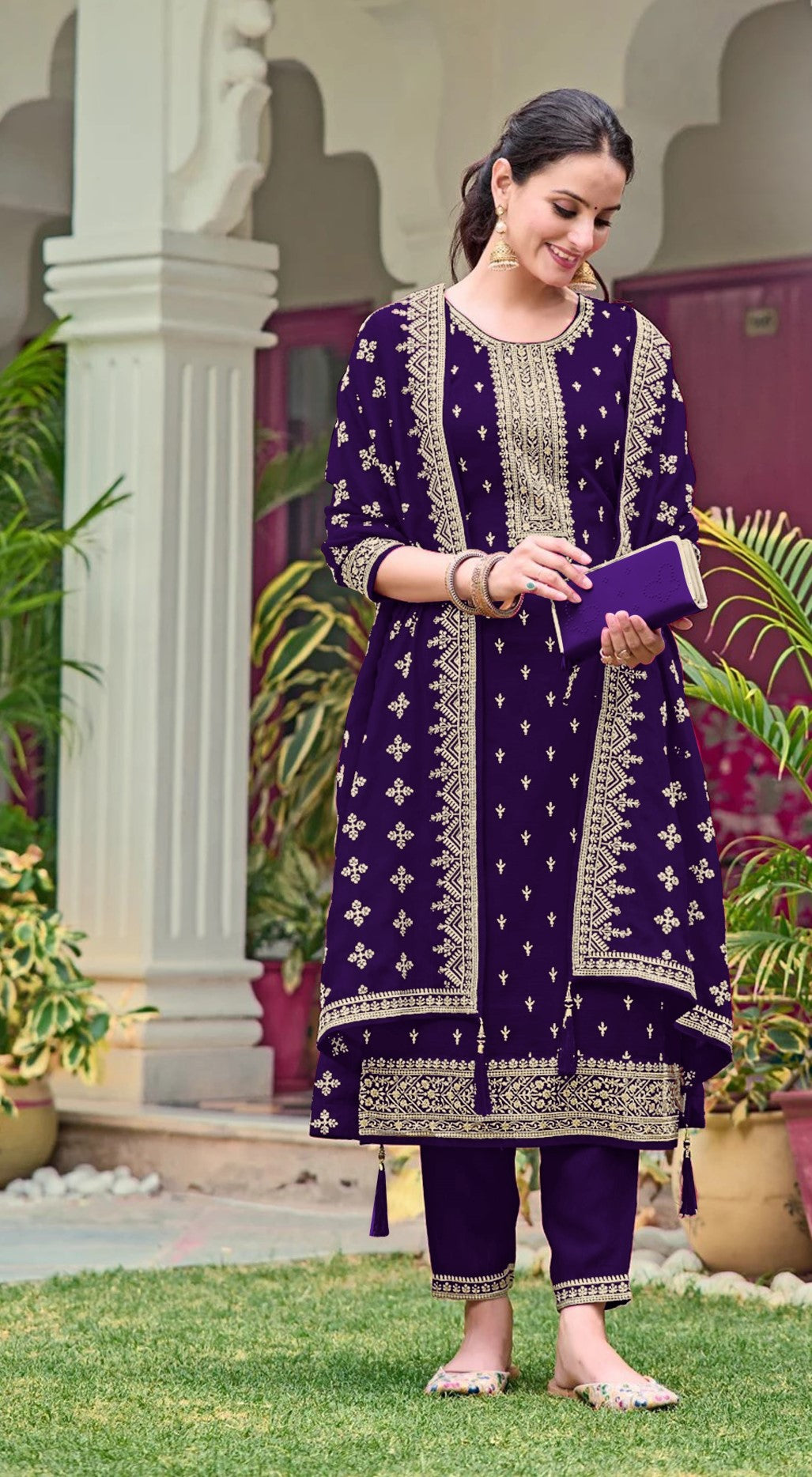 Purple Georgette Designer Suit Set With Intricate Embroidery