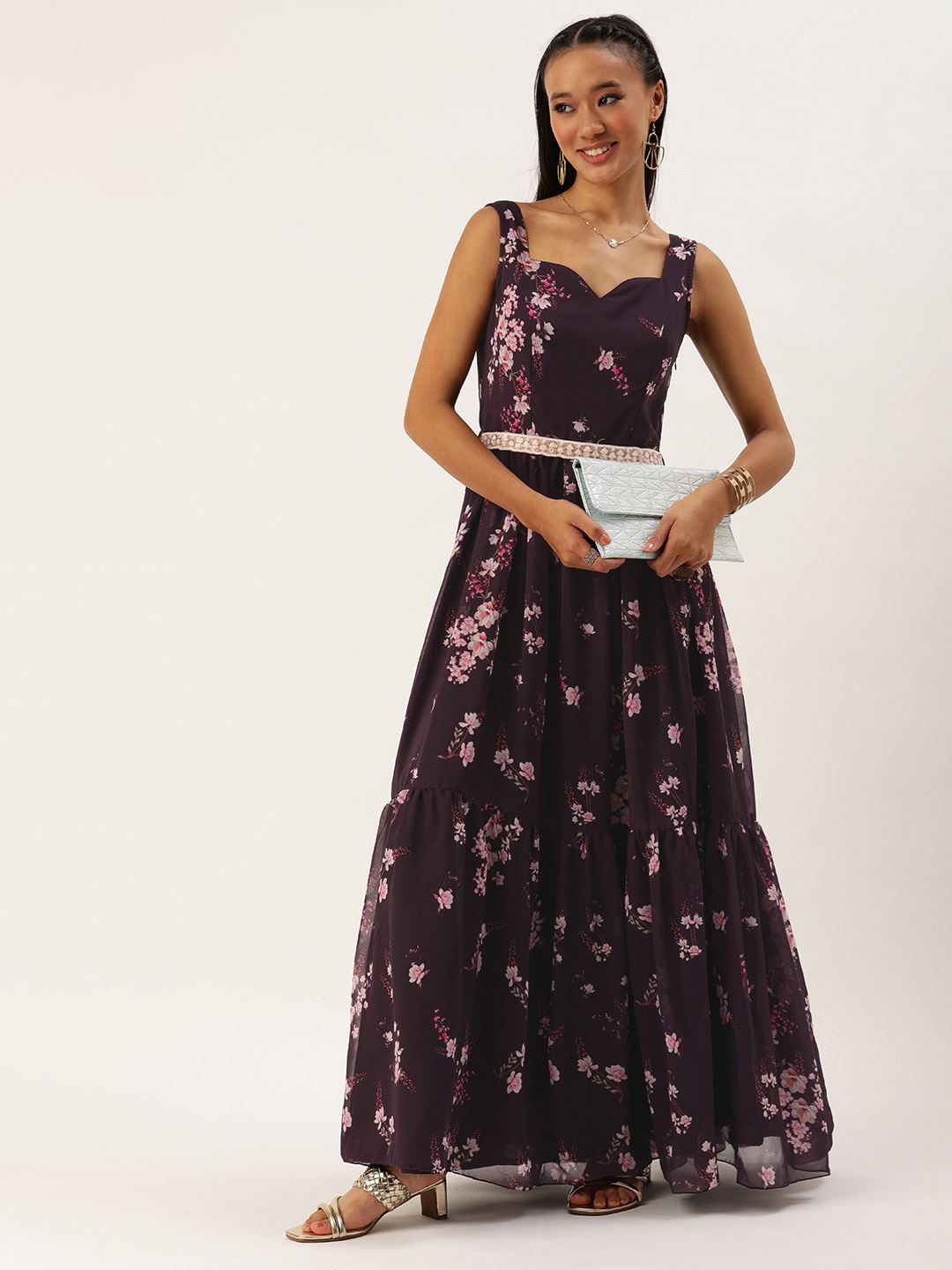 Purple Georgette Dress & Gown With Floral Print with Embroidered Belt