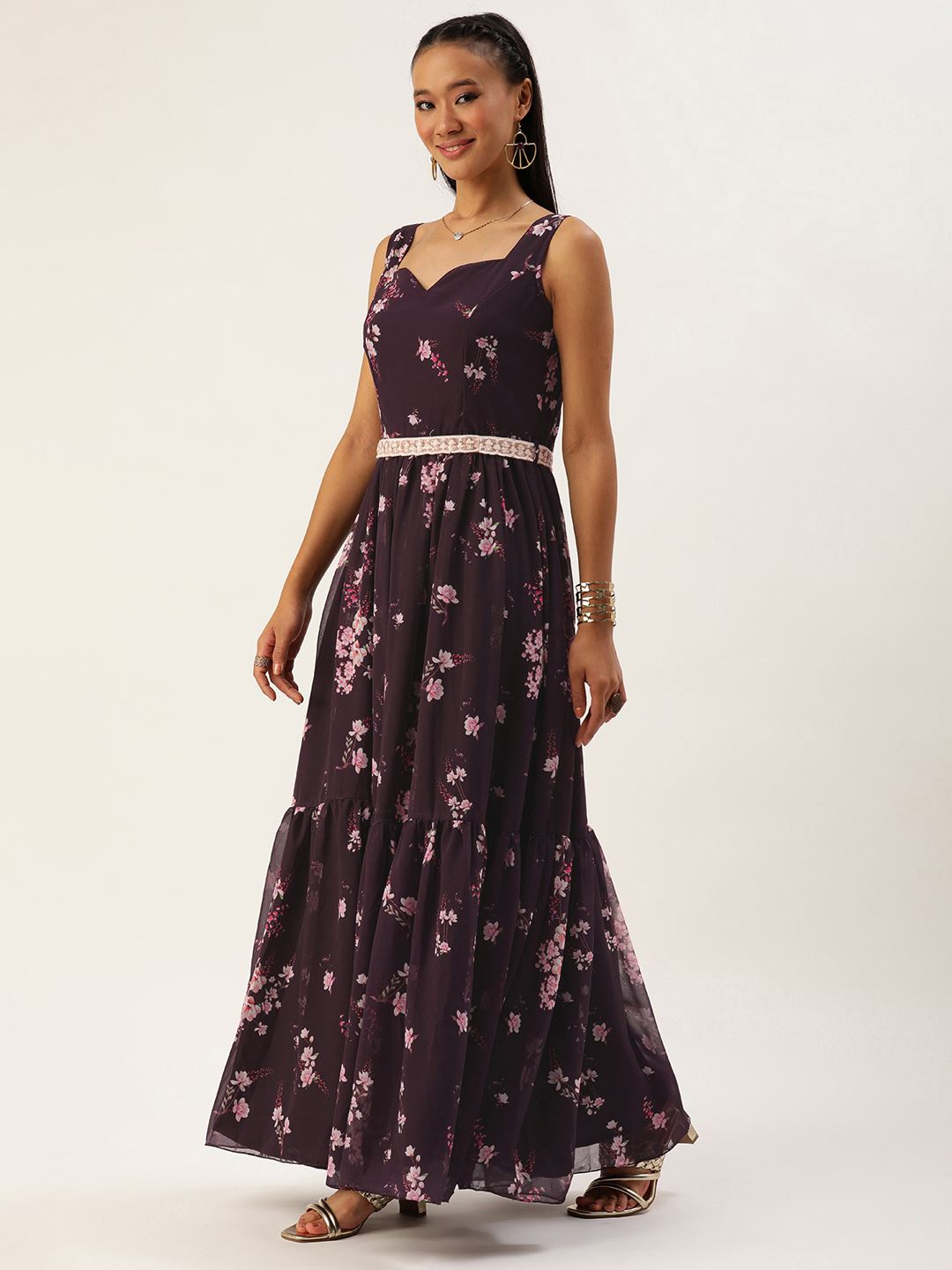 Purple Georgette Dress & Gown With Floral Print with Embroidered Belt