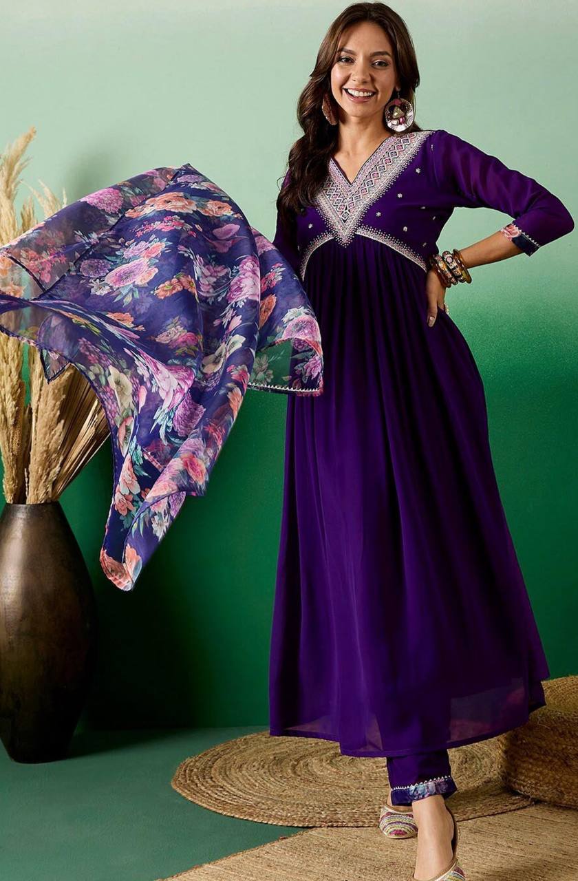 Purple Georgette Kurta Pant With Embroidery Work And Printed Dupatta