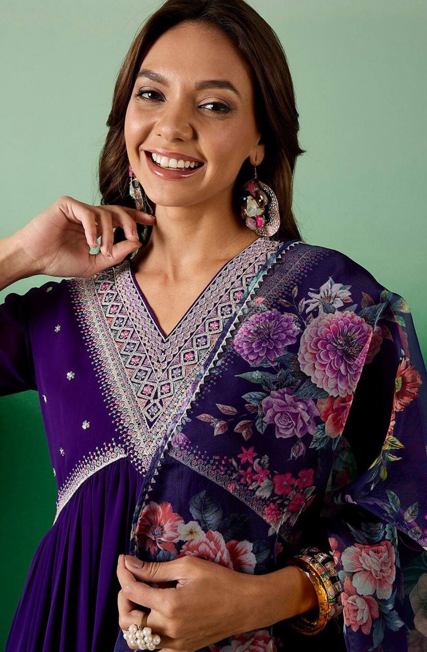 Purple Georgette Kurta Pant With Embroidery Work And Printed Dupatta