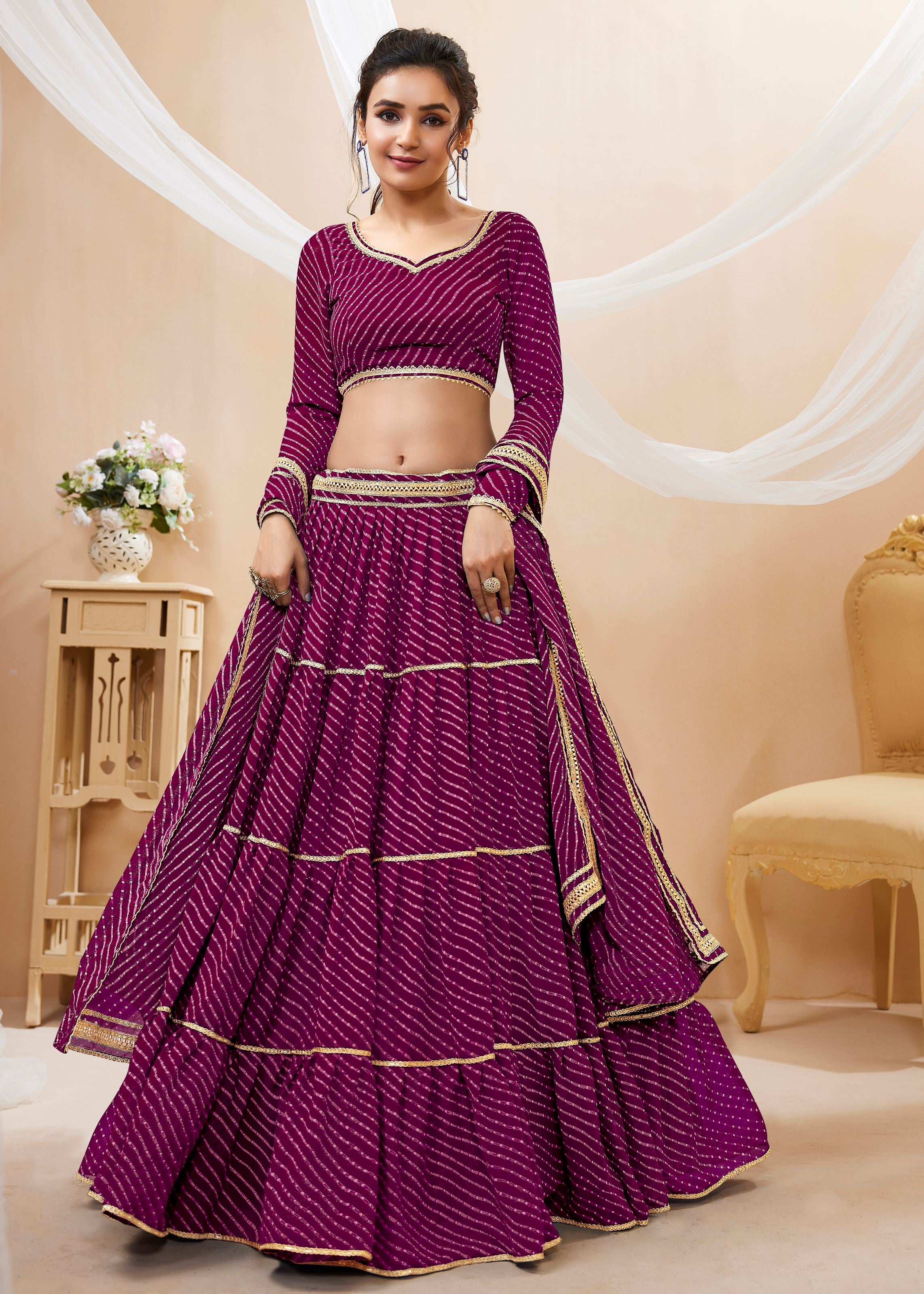 Purple Georgette Lehenga Choli With Georgette Leheriya Printed with lace all over work