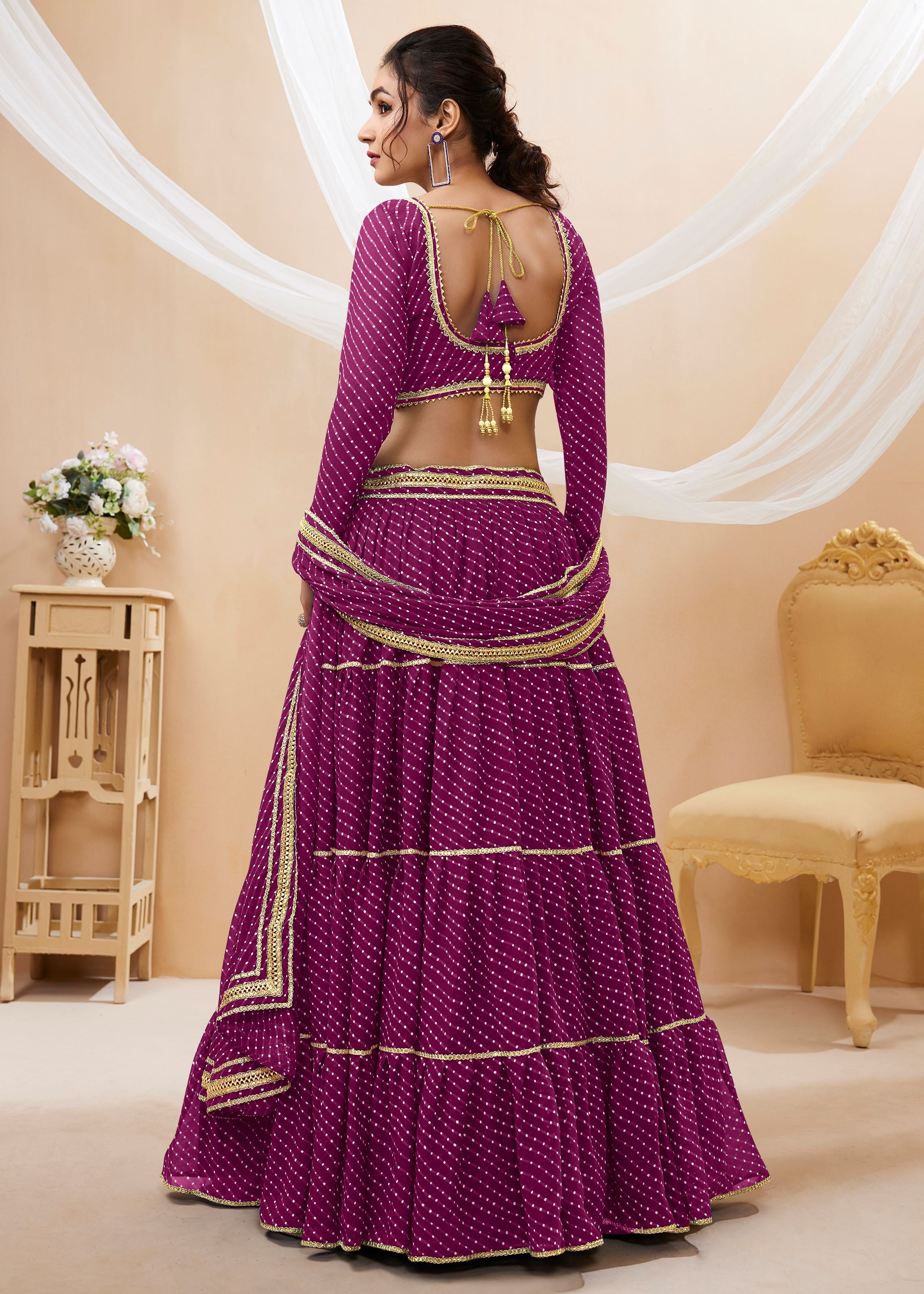 Purple Georgette Lehenga Choli With Georgette Leheriya Printed with lace all over work