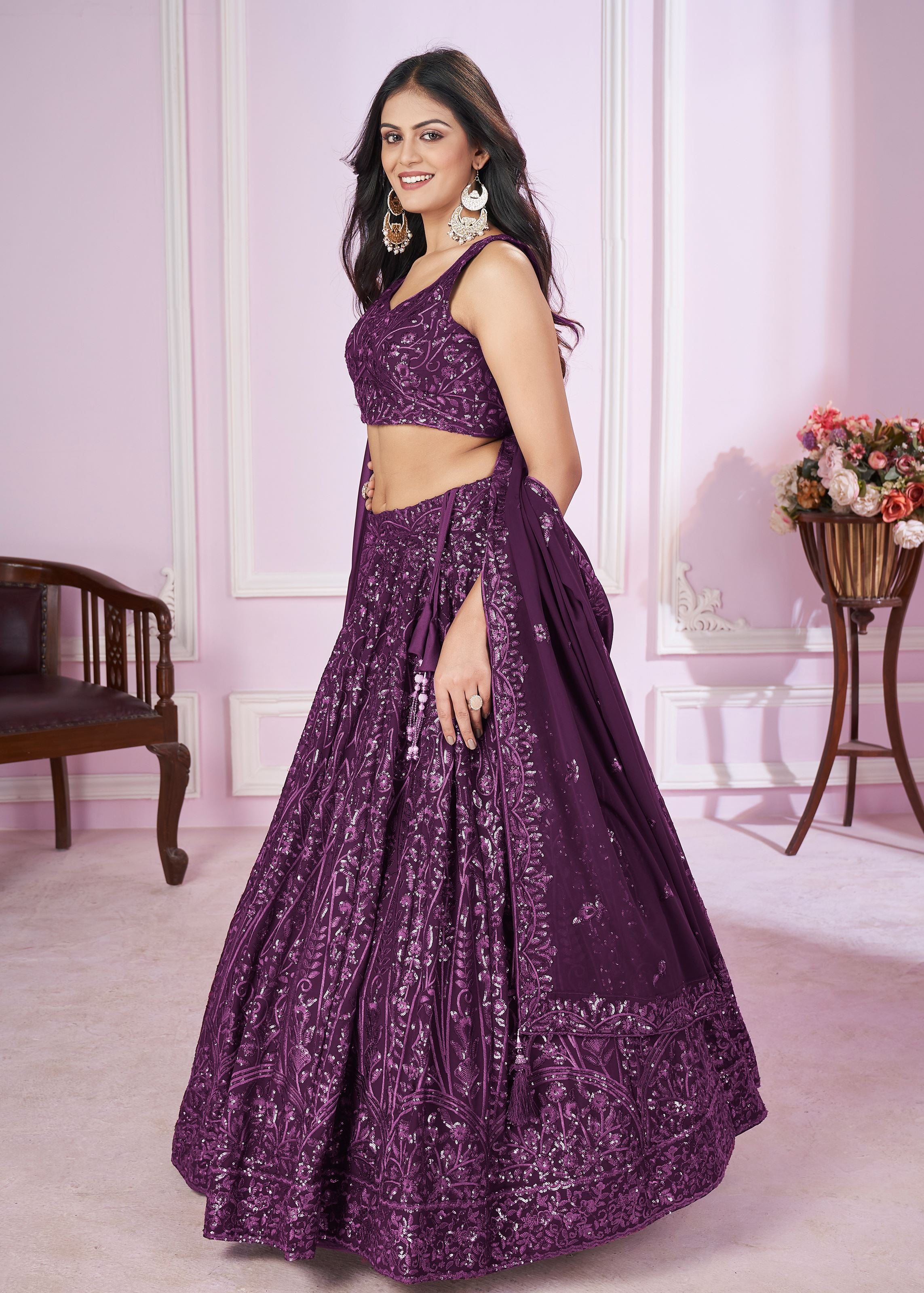 Purple Georgette Lehenga Choli With Sequins, Thread Embroidery Work