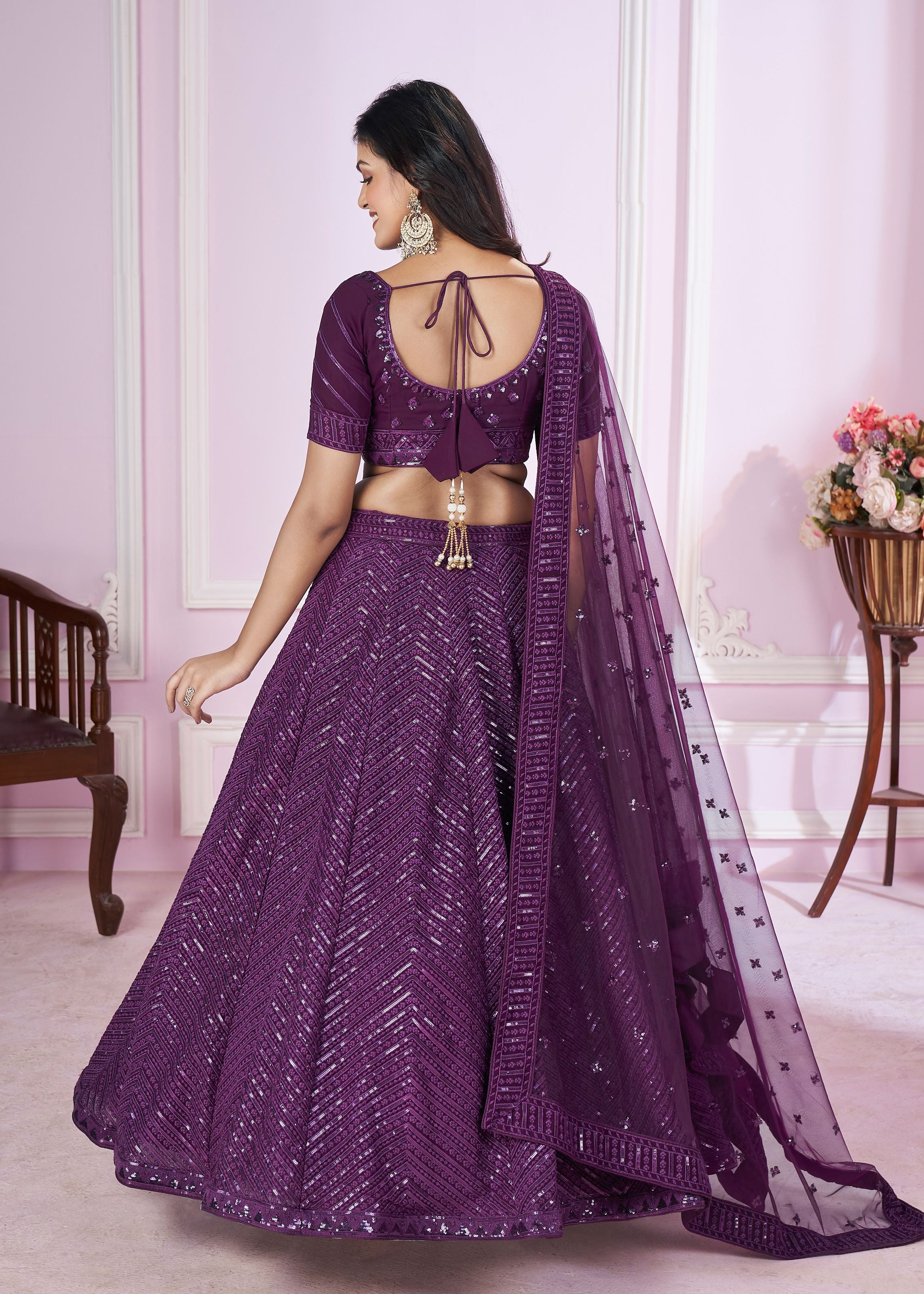 Purple Georgette Lehenga Choli With Sequins, Thread Embroidery Work